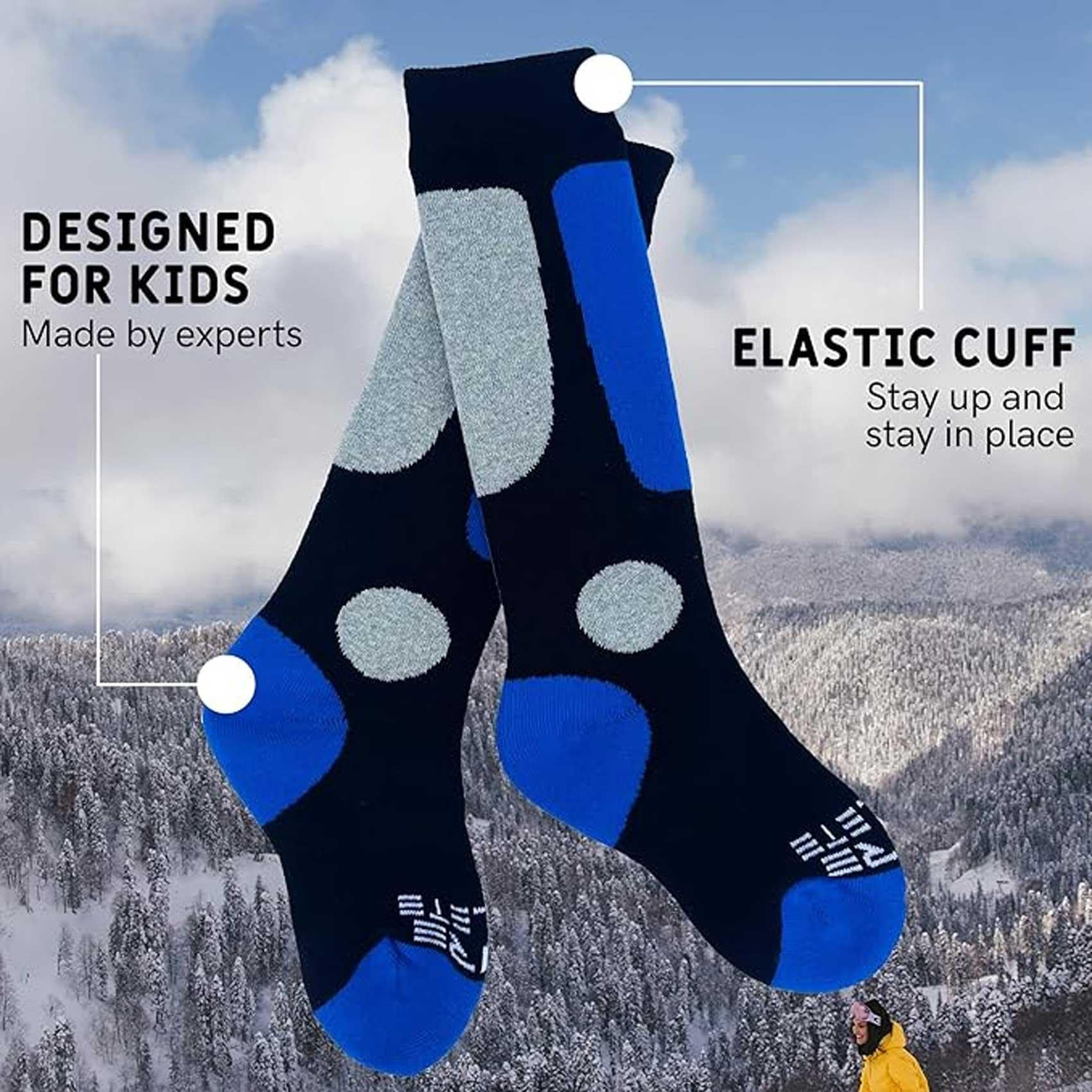 Kids Value Skisocken für Jungen und Mädchen, Snowboarden, Winter, kaltes Wetter, 6 Paar - Schwarz (3)-Blau (3)