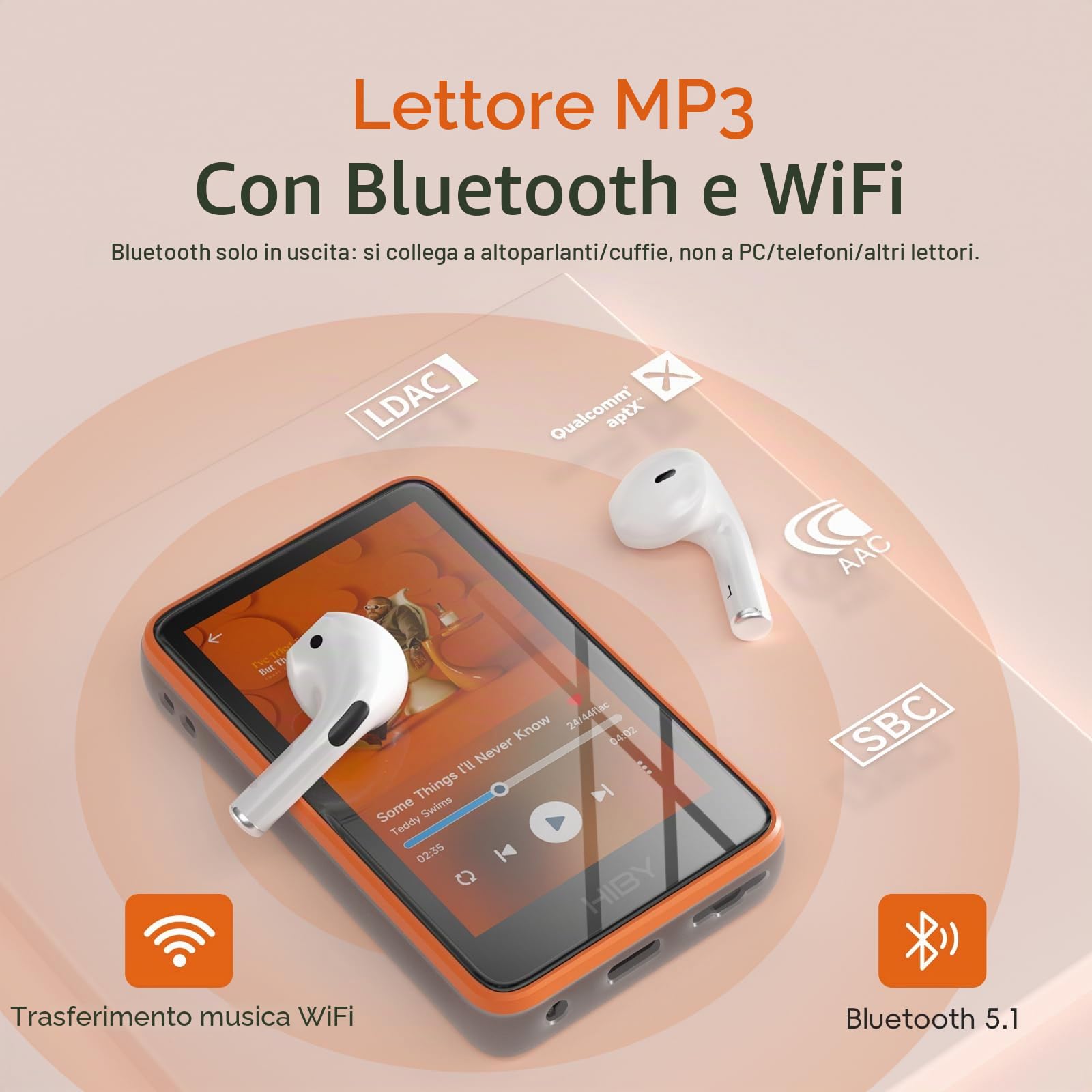 HiBy R1 lettore MP3 HiFi con Bluetooth 5.1, Tidal, Qobuz, DSD 256 nativo, lettore musicale senza perdita con touchscreen/Audio Hi Res certificato/Sintonizzazione MSEB/Memoria espansa 2 TB