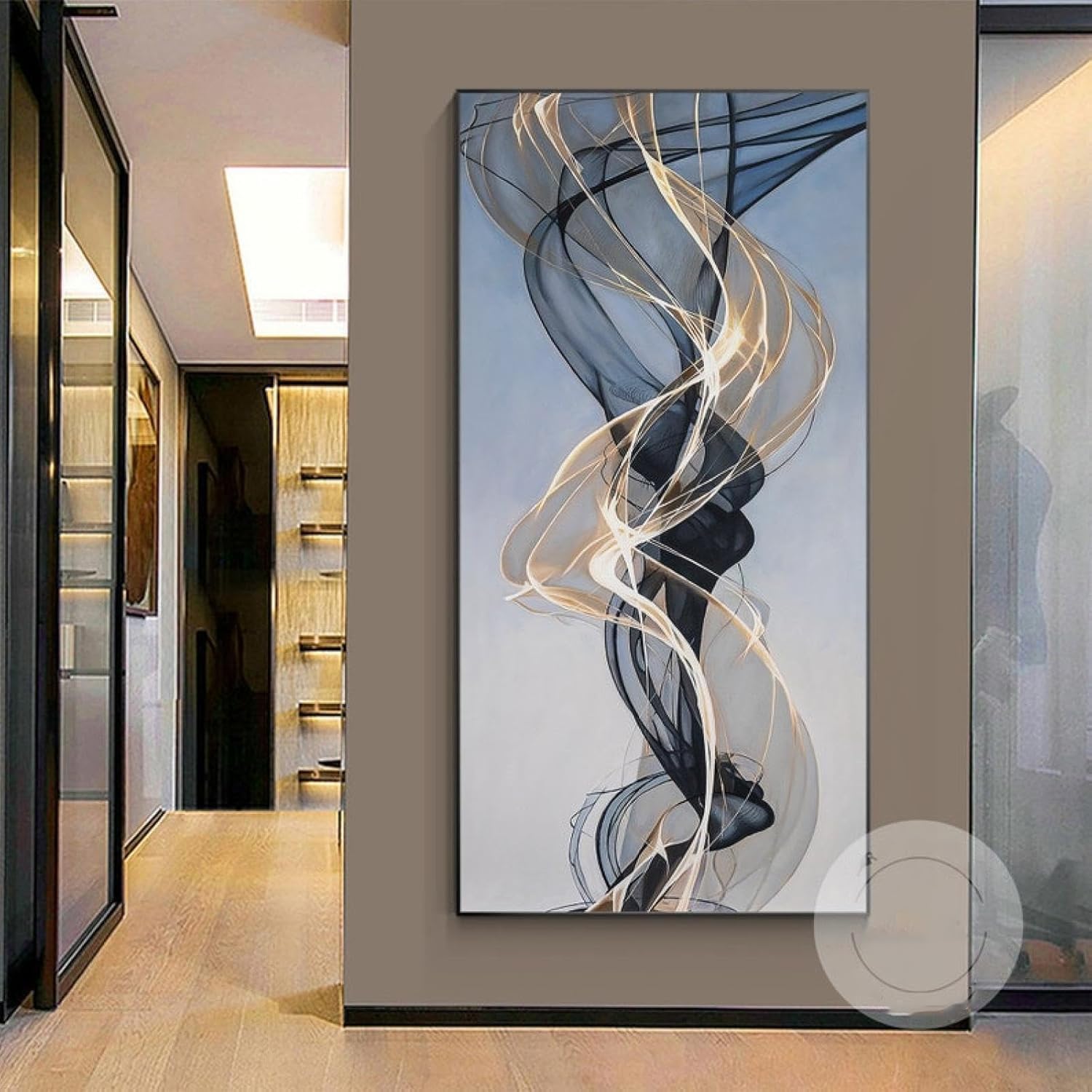 Cuadro abstracto de cinta dorada y negra sobre lienzo,arte de pared dorado de lujo extragrande vertical,cuadros para sala de estar,decoración de pared,70 x 140 cm (28 x 55 pulgadas) con marco negro