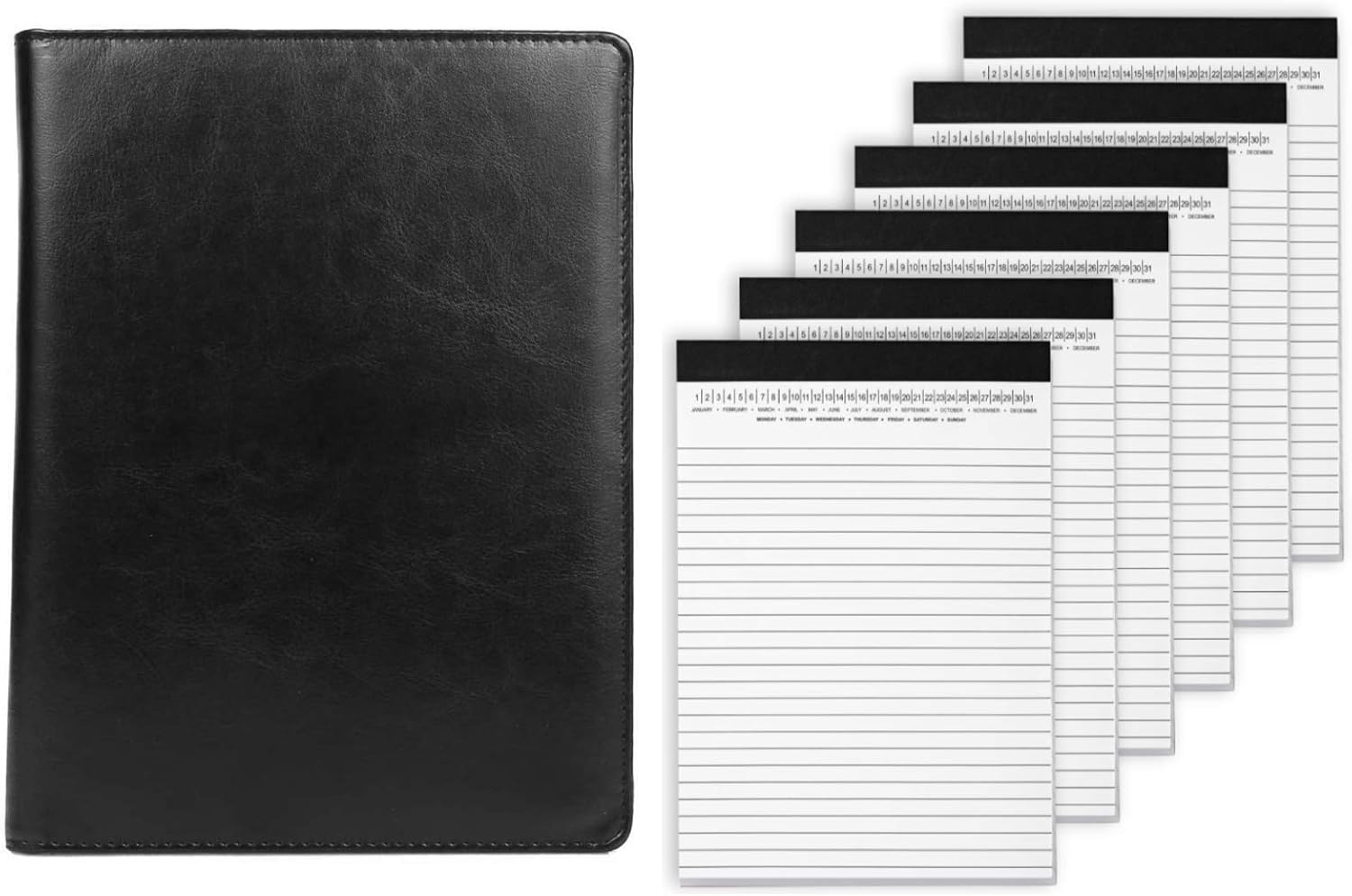 Bundle:Small Black Clipboard Junior Padfolio Folio 7 x 9 Writing Pad Refillable, Mymazn Faux Leather Portfolio Folder A5 for Notepad Legal Pads 5" x 8" with Date on Top,50 Sheets, 6 Pack