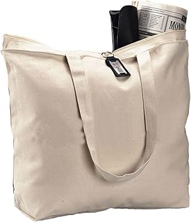 (6 Pack) Set of 6 Heavy Canvas Large Tote Bag with Zippered Closure (Natural)