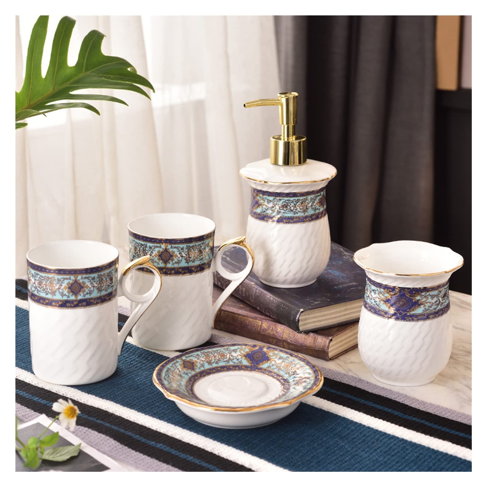 Set di Accessori per Il Bagno in Stile Court, Kit di lussuose Decorazioni per Il Bagno in Ceramica da 5 Pezzi, Incluso Dispenser per lozioni, portaspazzolini, 2 Tazze PE，Blue