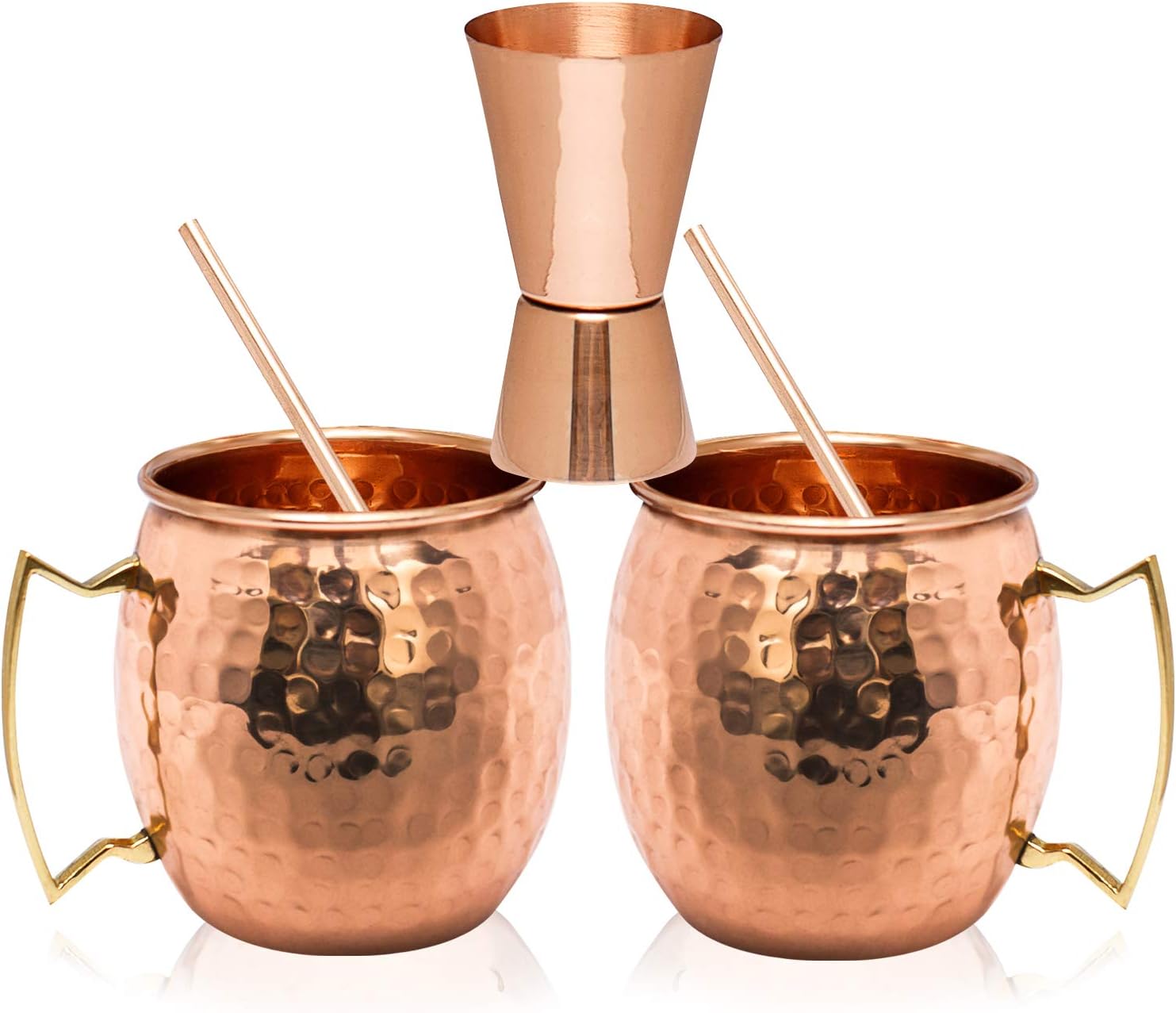 Moscow Mule Copper Mugs - Set of 2-100% HANDCRAFTED - Food Safe Pure Solid Copper Mugs - 16 oz Gift Set with BONUS: Highest Quality Cocktail Copper Straws and Jigger!
