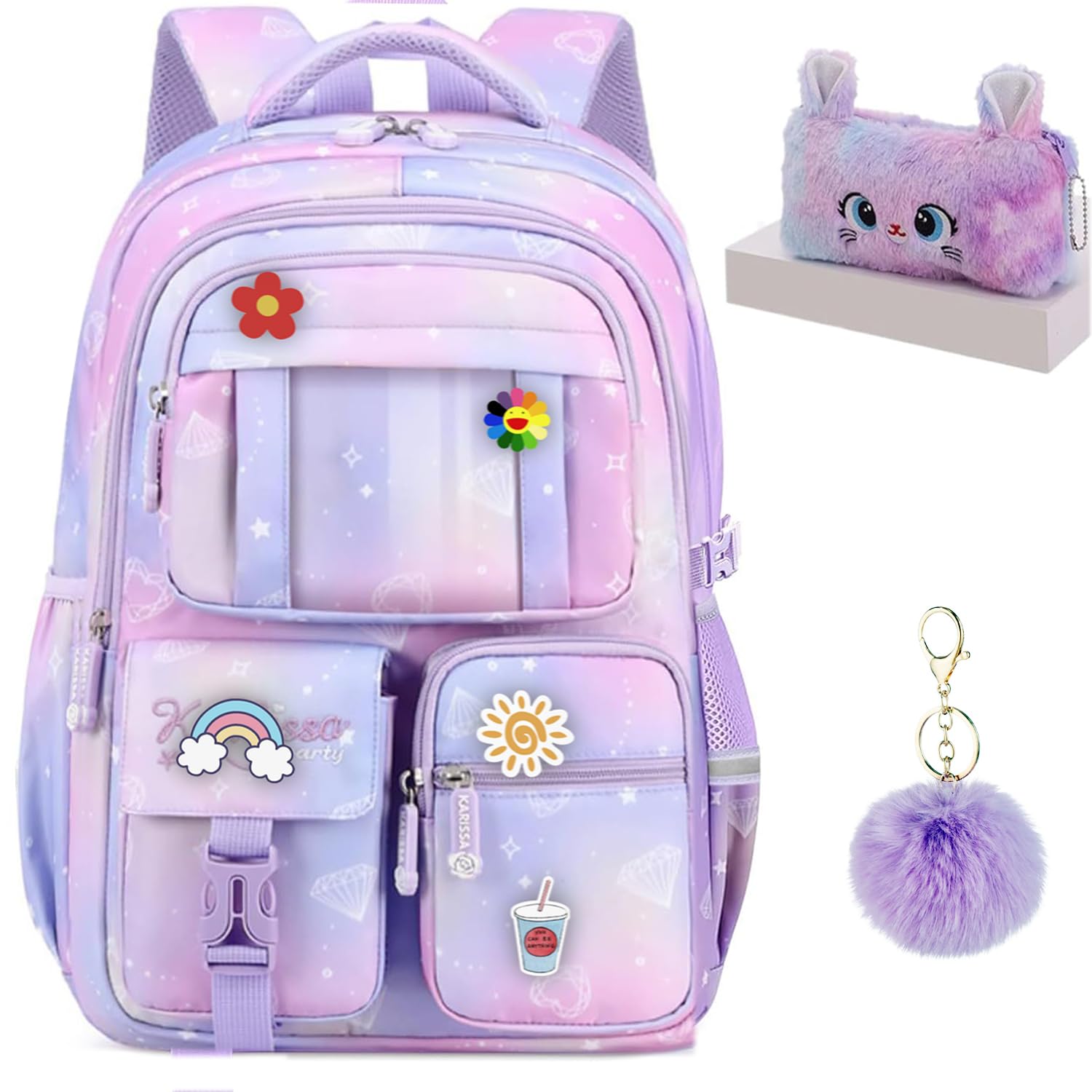 Large Capacity Backpack For Girls - Gradient Purple Waterproof School Backpack Widened Shoulder Straps Bookbag Soft Honeycomb Back School Backpacks With Plush Pendants And Pencil Cases