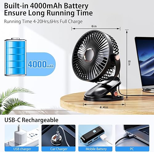 Miniatura 5 de iNeibo Ventilador portátil con clip de 4000 mAh con luces LED, ventilador de escritorio USB a batería, mini ventilador de mesa recargable silencioso