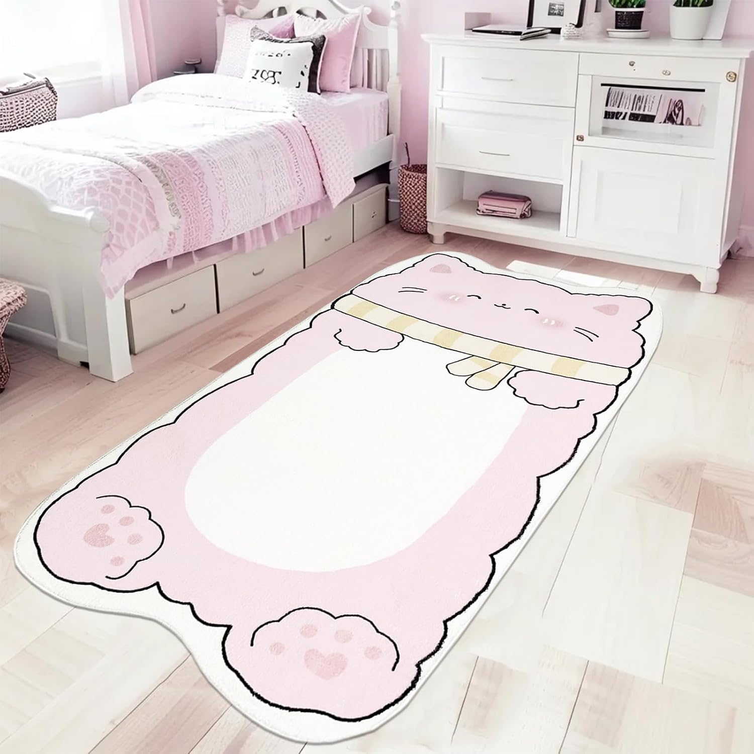 Pink Kids Cat Rug - 4x7Ft Animal Shape Bedroom Playroom Runner Carpet for Girls, Nonslip Cartoon Fluffy Playmat for Nursery & Kids Playroom, Children's Rugs, Indoor Decor