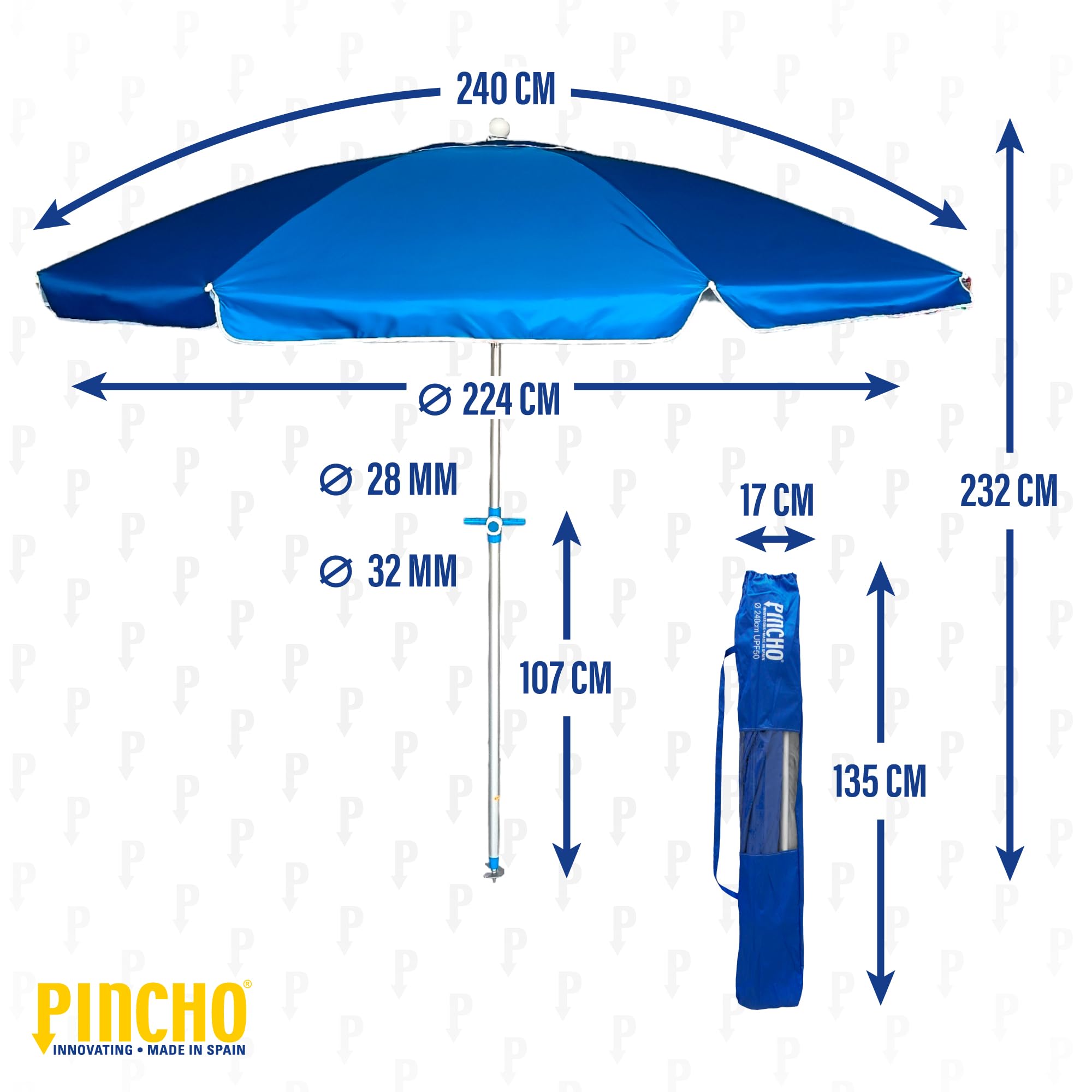 Pincho Sombrilla Playa Grande 240 cm de arco, Antiviento hasta 35km/h, Protección UV 50, Materiales de Calidad, 8 Varillas de Fibra de Vidrio, Palo reclinable