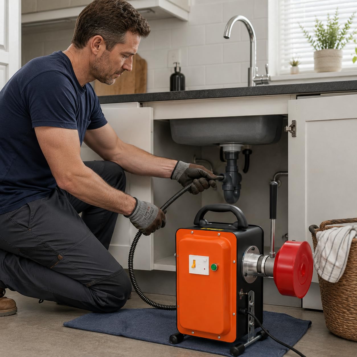Desatascador eléctrico de tubería 750W, hurón Desatascador profesional de 20 m, máquina de limpieza de mangueras 400 RPM con muelles y guantes para fregadero de inodoro alcantarillado cocina baño