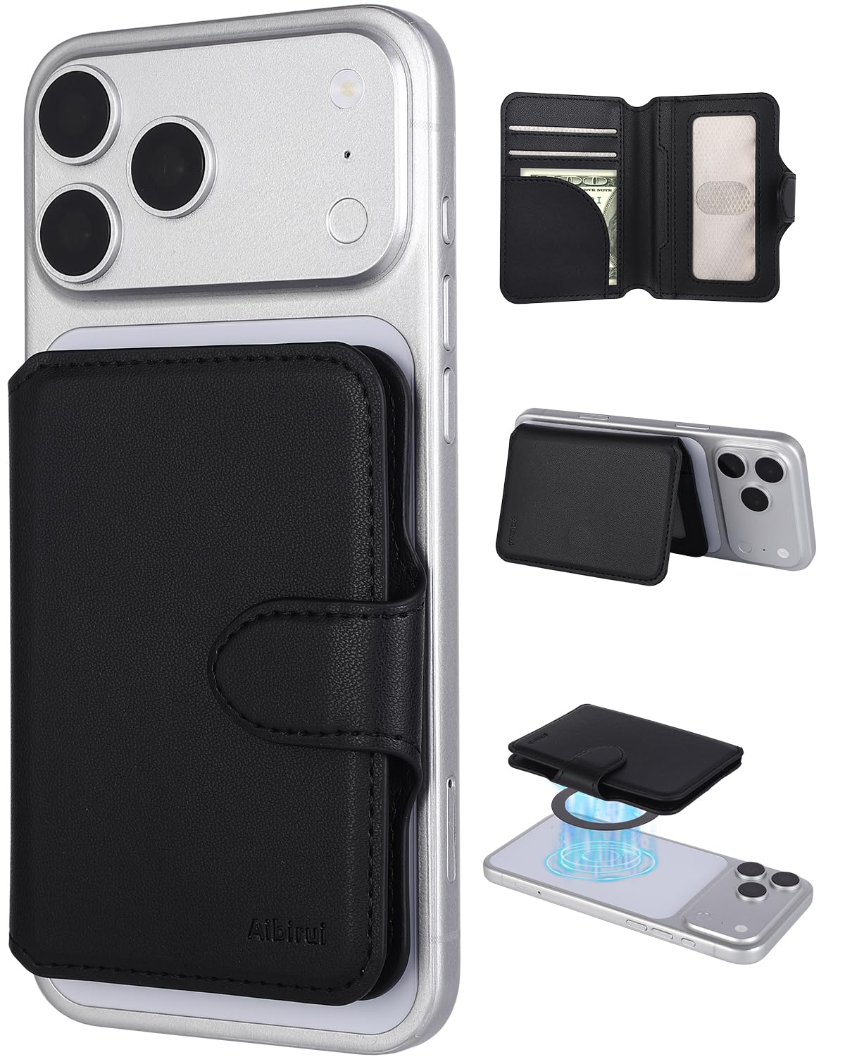 Magnetic Wallet Slim, 4000G Starke Magnetkraft Geldbörse für iPhone 17/16/15/14/13/12 Serie, RFID-Schutz Magnetic Kartenhalter Dünn mit 6-Kartenkapazität & Telefonständer (Schwarz)