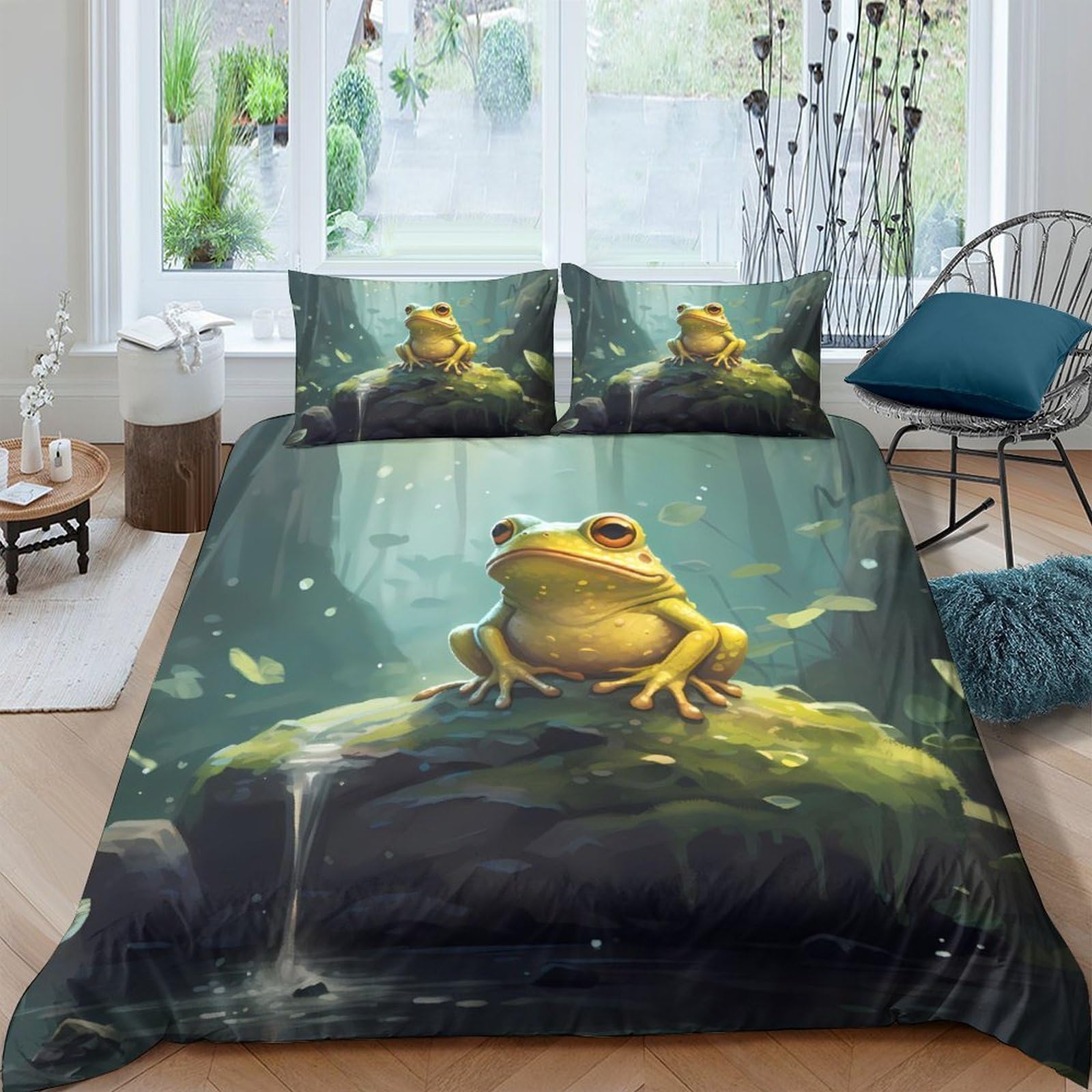 Ctjqhvkz Style-10 3D Printed Frog Pond Fitted Sheet Microfiber Soft Anti-Slip Bed Cover Forest Green Bedroom Mattress Decor Single（135X200cm）