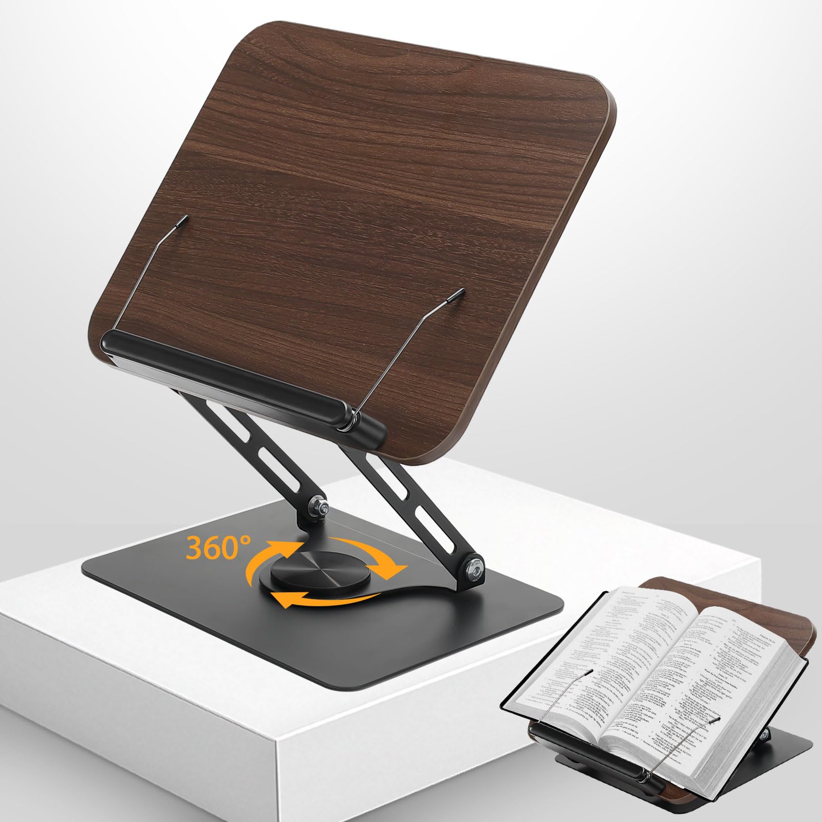 Leggio per Libri con Base Girevole a 360°,Supporto per Libri in Legno,Supporto per Lettura Pieghevole, con clip laterale,per ricette, riviste, tablet, laptop,Spartito