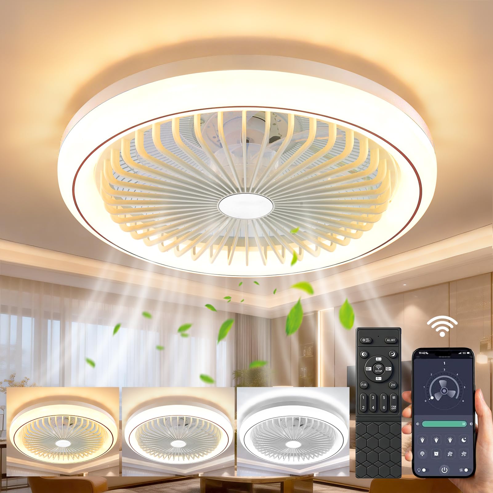 Lampara de techo con Ventilador | 65W 3000K-6500K Plafon LED | Ø47cm Ventiladores Techo con Luz y Mando,6 Velocidades, Timable Ceiling Fan with light Silencioso para Dormitorio Cocina Salon