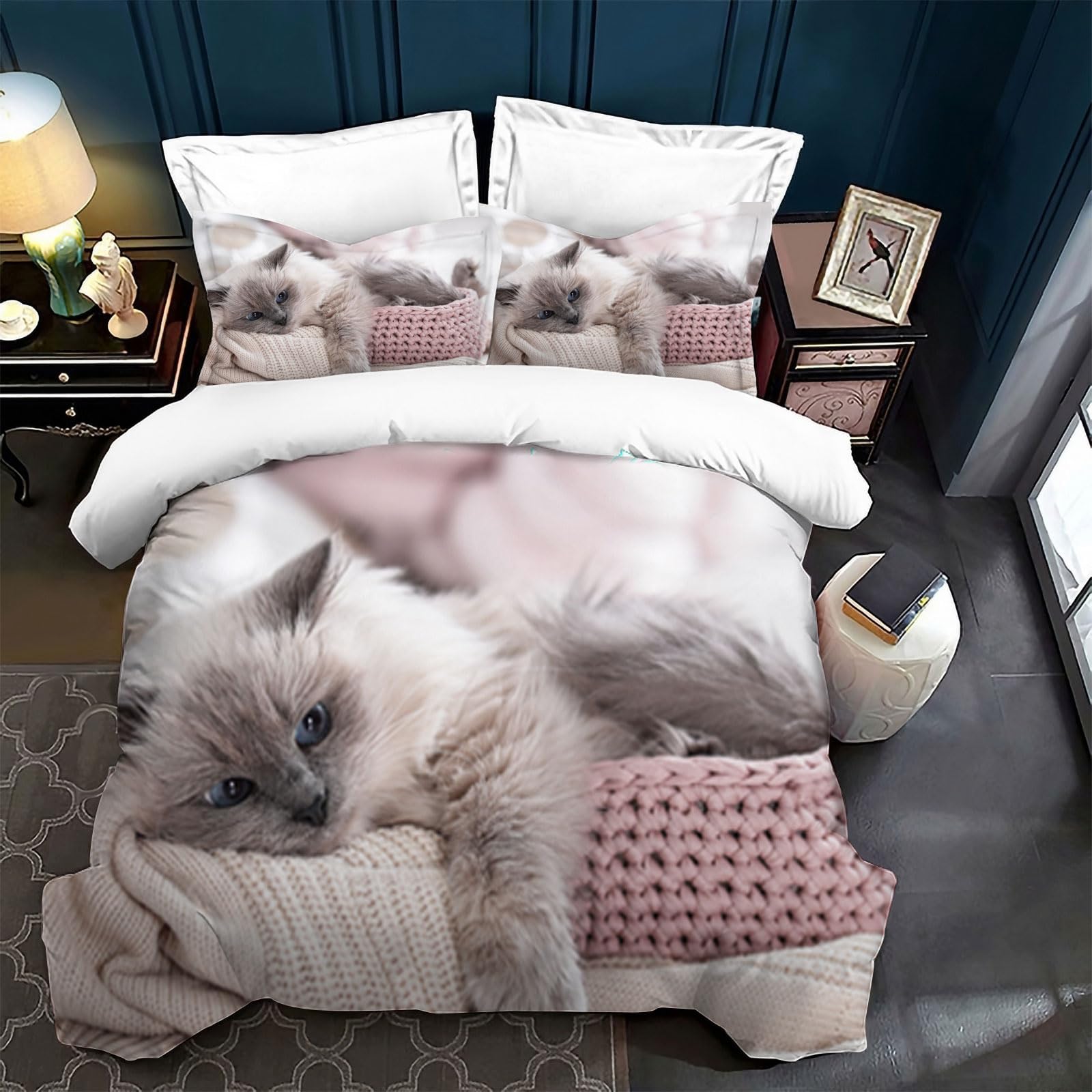 KAIDAARTLH Cat bedding set 200x200cm, Cat motif microfibre duvet cover, 3D print bedding sets 3-piece with zip - Image 3