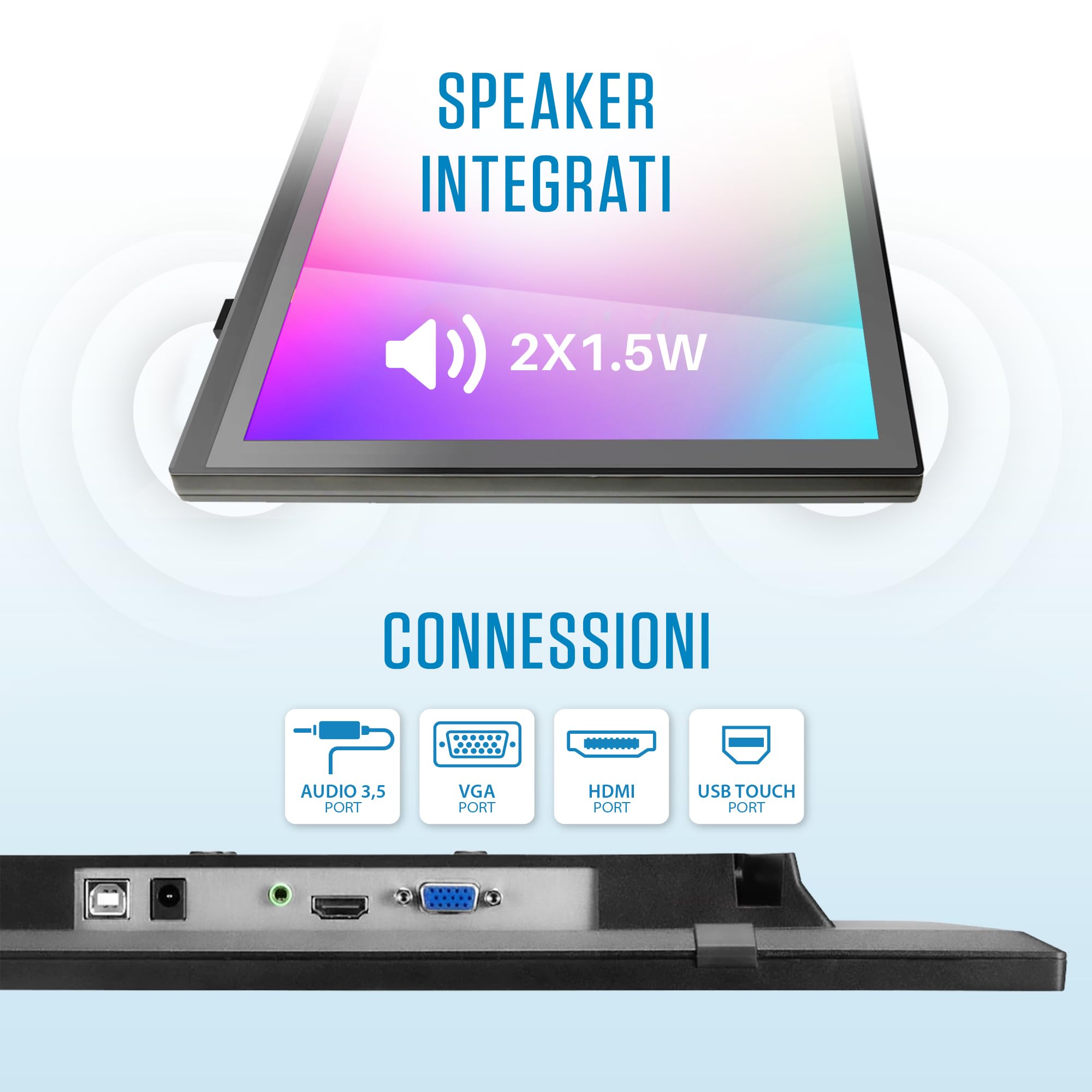 Atlantis Monitor Touch 16 pollici Full HD a 10 tocchi, inclinabile | FHD 1920x1080, HDMI/VGA, inclinazione 15°-50°, vetro protettivo 7H, contrasto 800:1, VESA 75, cod. A05-T16A-VHM