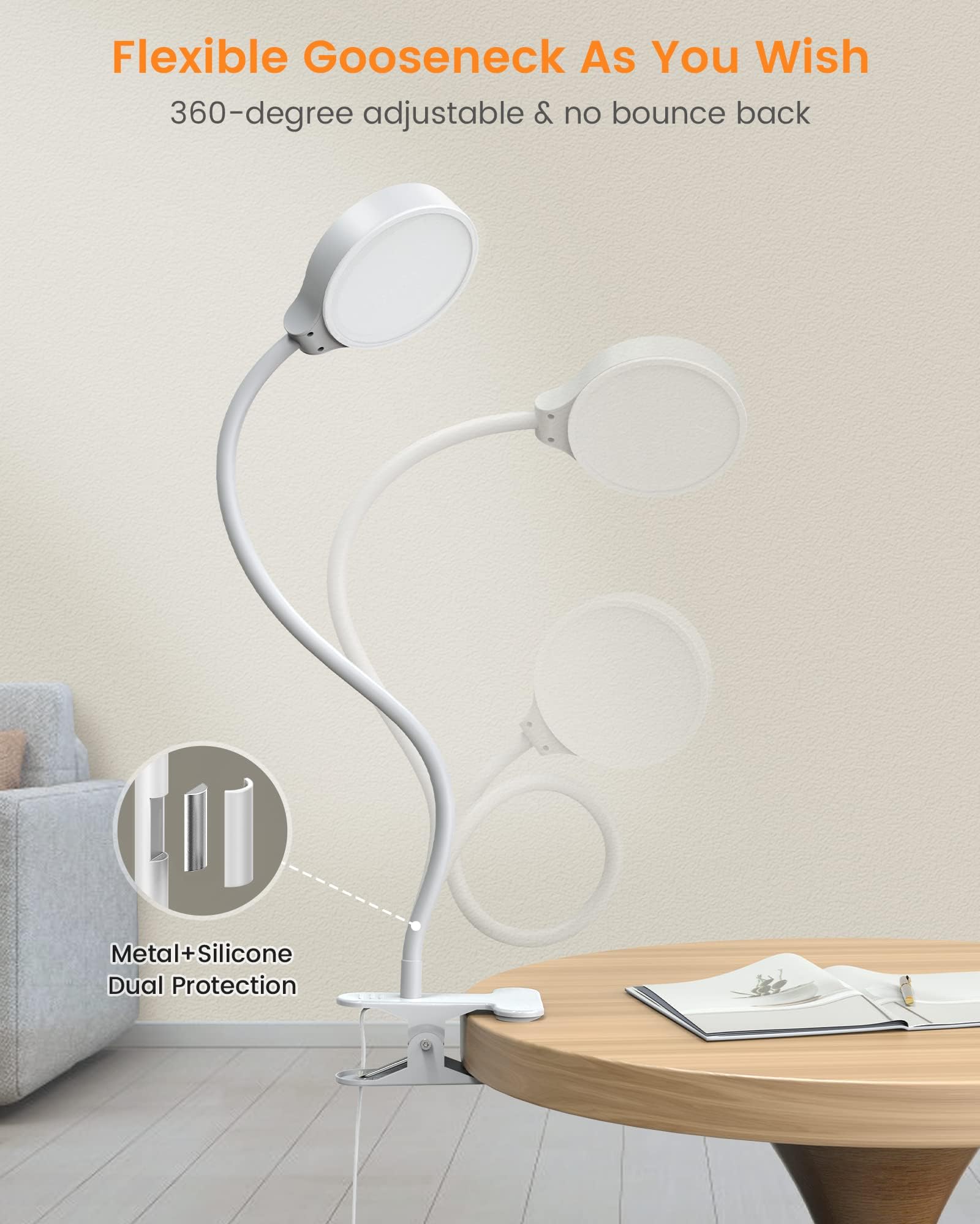 Glocusent 5W Clip on Light, 36 LED Eye Caring Reading Light for Bed 3 Colors & 5 Brightness Clip on Lamp with Adapter - Image 4