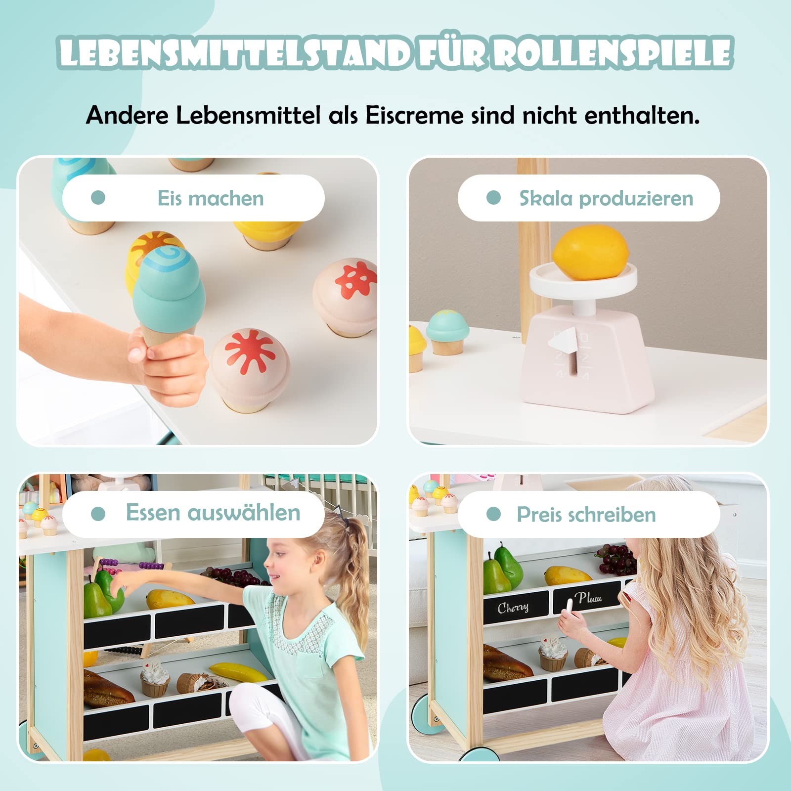 COSTWAY Kinder Eiswagen mit 6 Eiscreme, Kaufladen Holz mit 2 Ablagen, Einkaufswagen auf Rollen, inkl. Waage und Glocke, für Kinder ab 3 Jahrn (Rot)
