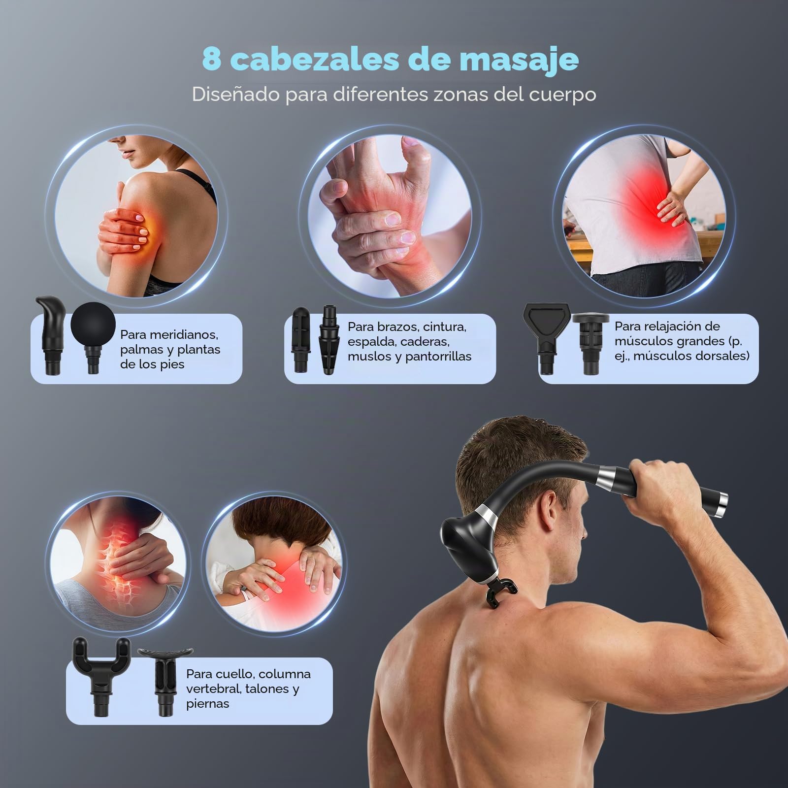 Pistola de masaje de tejido profundo, masajeador muscular manual ergonómico con 8 cabezales y 5 niveles de velocidad — para la relajación muscular de espalda, hombros, cintura y piernas