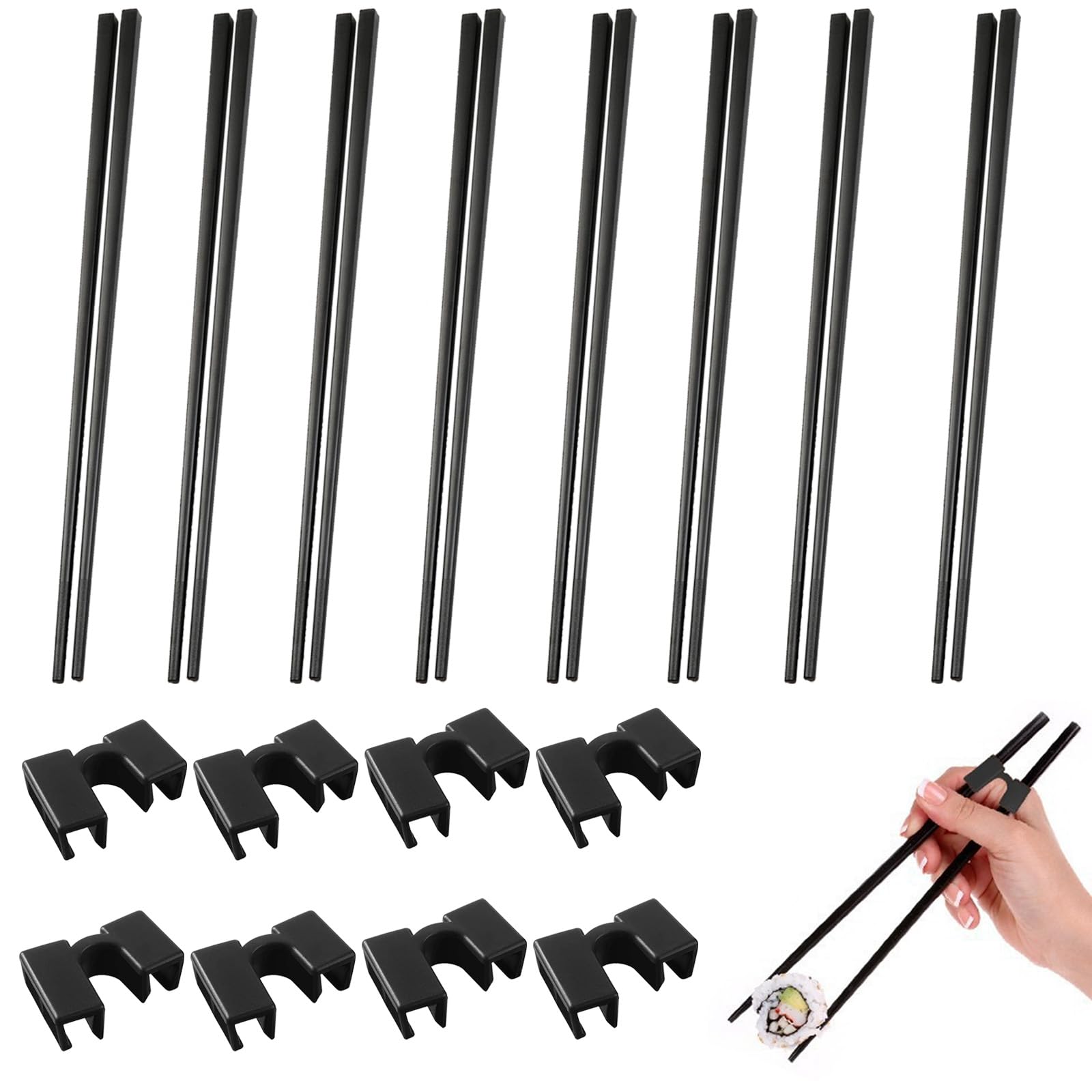 Juego de 8 pares de palillos de fibra de vidrio reutilizables (24 cm) + 8 entrenadores de palillos, palillos antideslizantes de sushi japonés, palillos de aleación negra con bisagra de plástico p
