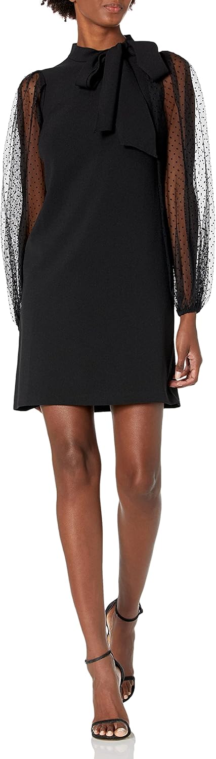 Vince Camuto Women's Bow Neck Shift Dress with Mesh Dot Sleeves, Black, 6  at Amazon Women's Clothing store