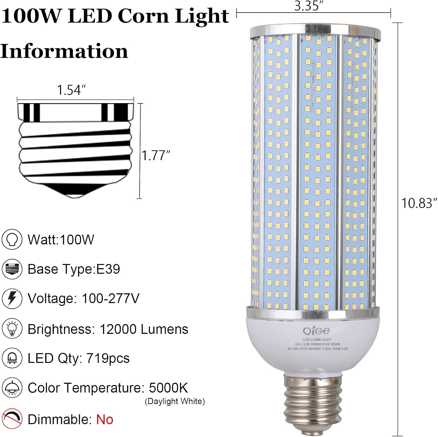 100W LED Corn Bulbs,5000K,AC110-277V,12000lm,E39 Mogul Base,LED Corn light bulb Replacement Metal Halide HID CFL for Commercial Industrial Lighting Warehouse High Bay Light Fixture Garage Workshop