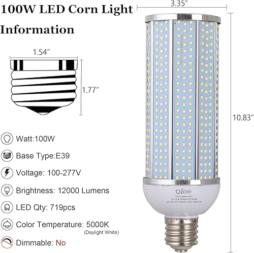 Miniatura 9 de Bombilla LED de maíz equivalente a 400 W, 5040 lúmenes, 5000 K, 36 W, luz blanca diurna E26E27, base media para interiores, garaje, almacén,