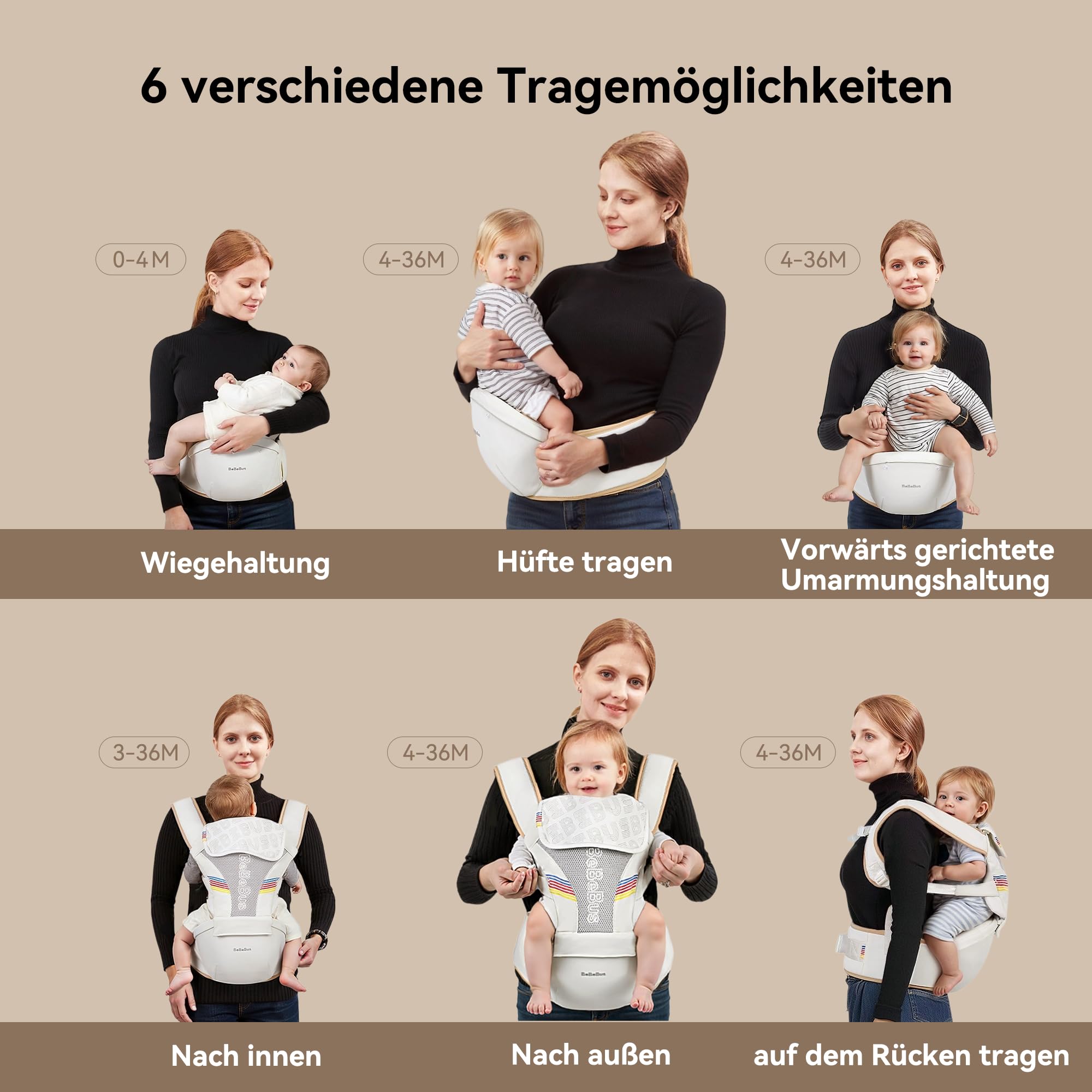 Babytrage mit Hüftkissen, 2-in-1 Verstellbar & Abnehmbar, Atmungsaktiv, Lendenstütze, für Neugeborene & Kleinkinder bis 20 kg