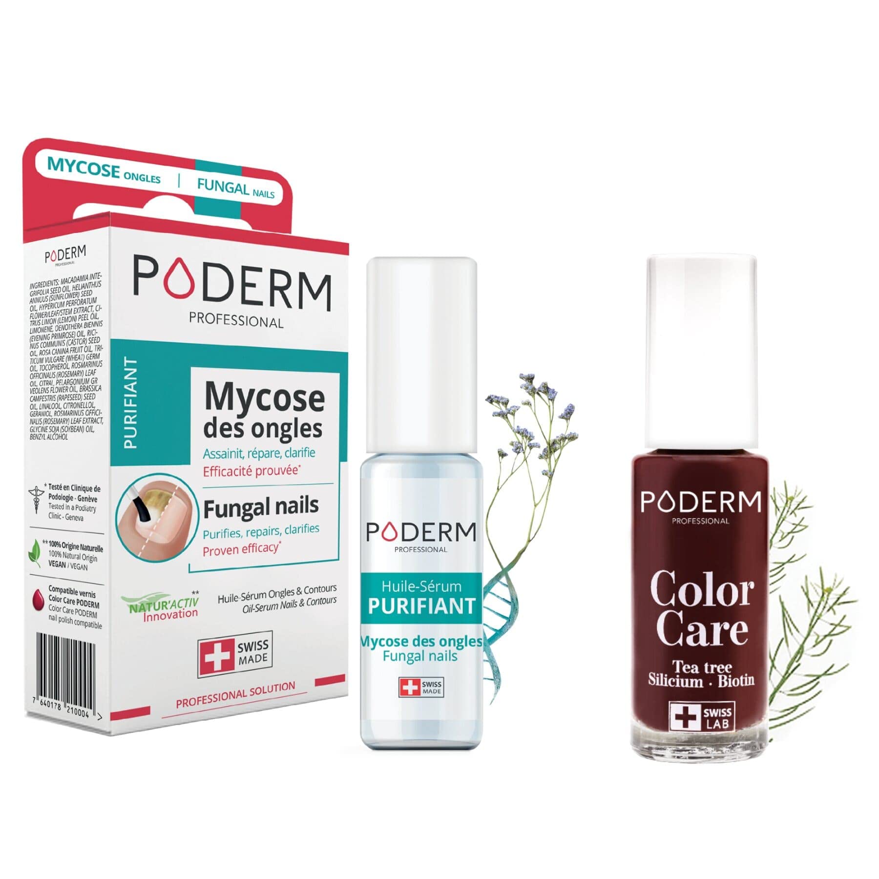 PODERM - LOT DE 2 PRODUITS | MYCOSE ONGLE TRAITEMENT | | Soin professionnel pied/main | Facile & rapide | Swiss Made + Vernis Couleur TEA TREE - Traitement des Ongles Abîmés par MYCOSE - Swiss Made