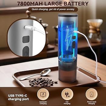 Cafetera portátil con batería para viaje, 3 en 1, 12 V, máquina de café espresso compatible con cápsulas Nespresso y café molido, autocalefacción, pantalla LED, recargable, para viajes, camping, coche5