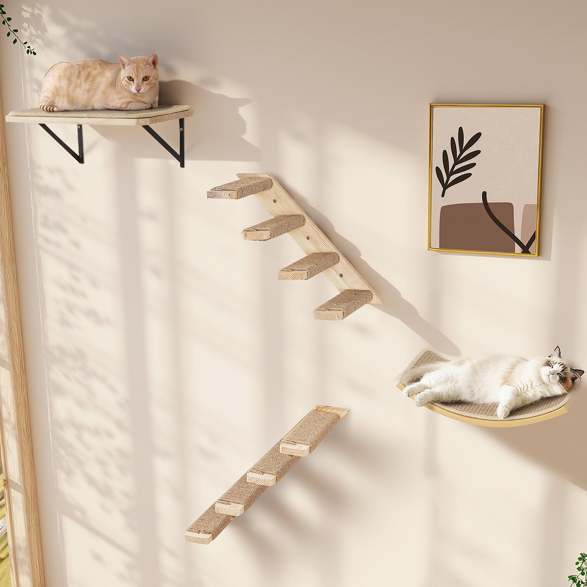 Wall Mounted Cat Shelves Stairs Set, 4 Piece Wood Cats Wall Furniture with Sisal Cat Window Perch, Flat Perch & Dual 4-Step Ladders for Climbing & Scratching