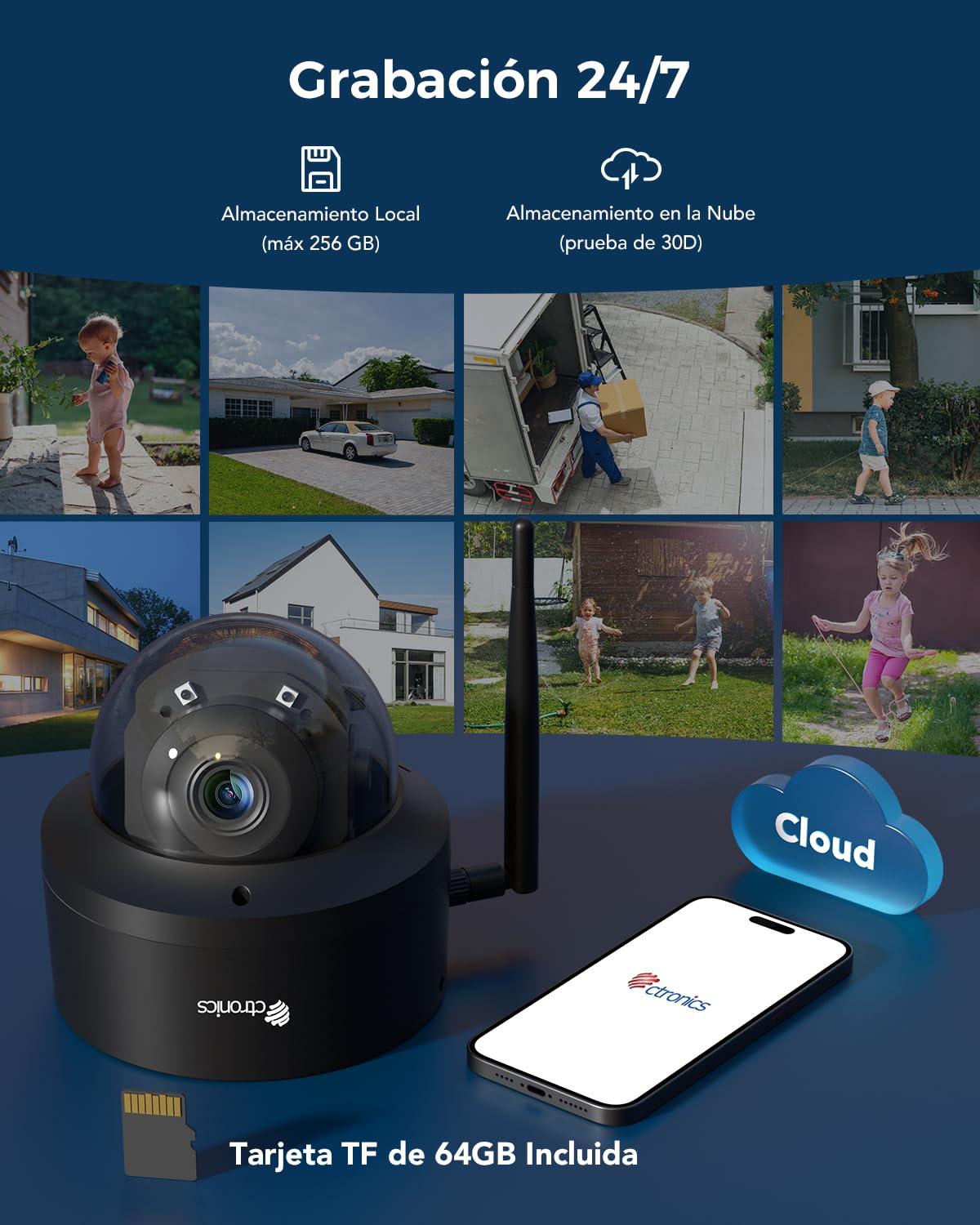 Ctronics 4K 8MP PTZ Camara Vigilancia WiFi Exterior, IP Camera WiFi 5G/2,4G Detección Humana/Vehículo/Mascota, Seguimiento Auto, UHD Visión Nocturna IR, 64G TF Tarjeta Incluida, PC/Cloud/IP66/Metal