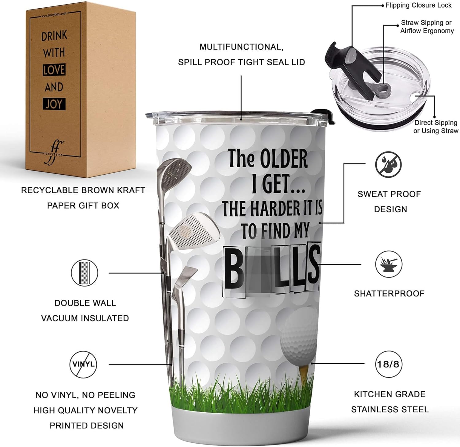 Fancyfams Funny Golf Gifts for Men - 20oz Stainless Steel Mug Tumbler Unique Fathers Day Gift Birthday Dad from Daughter Birthday Cup (Funny Golf) - Image 3