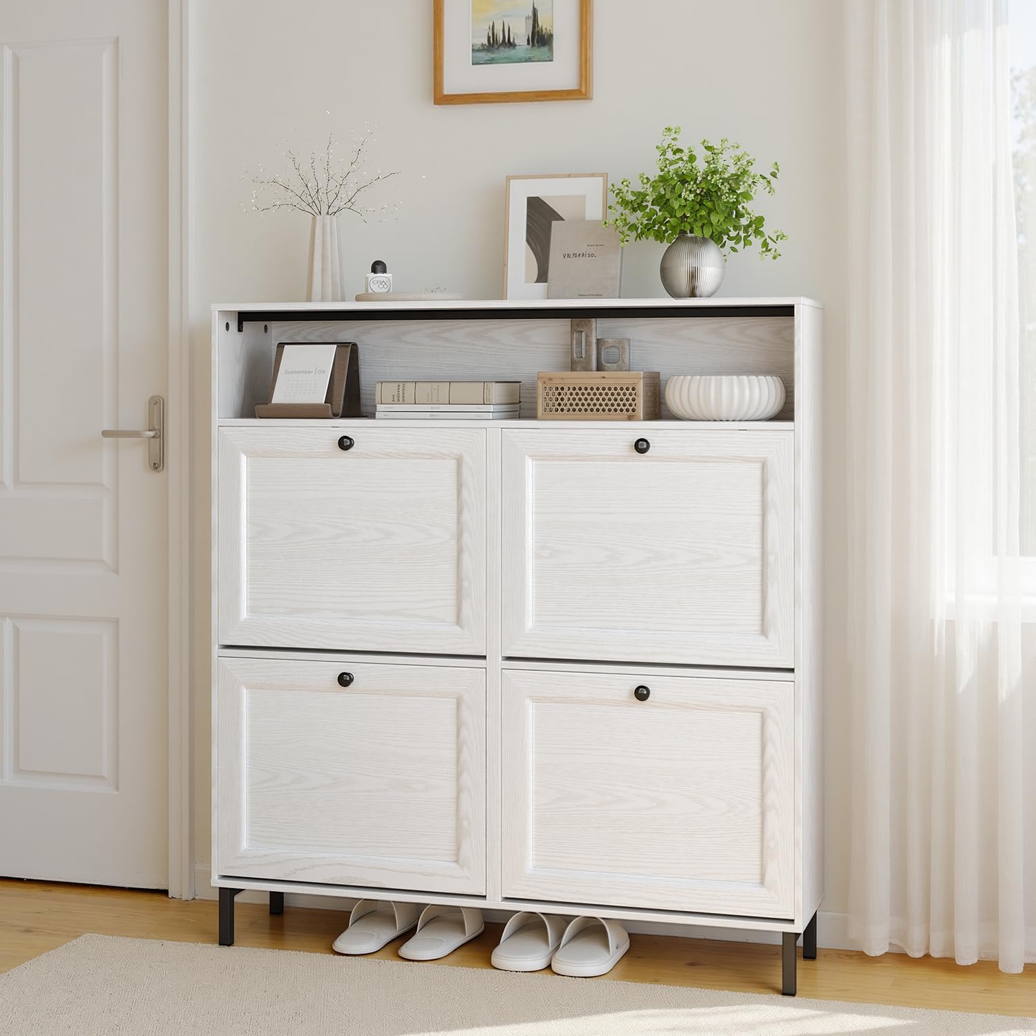 Armario Estrecho para Zapatos, Mueble para Zapatos, Zapatero con 4 Compuertas, 1 Estante Abierto, Divisores Ajustables, para Pasillo, Área de Entrada, 99 x 24 x 108 cm (Blanco)