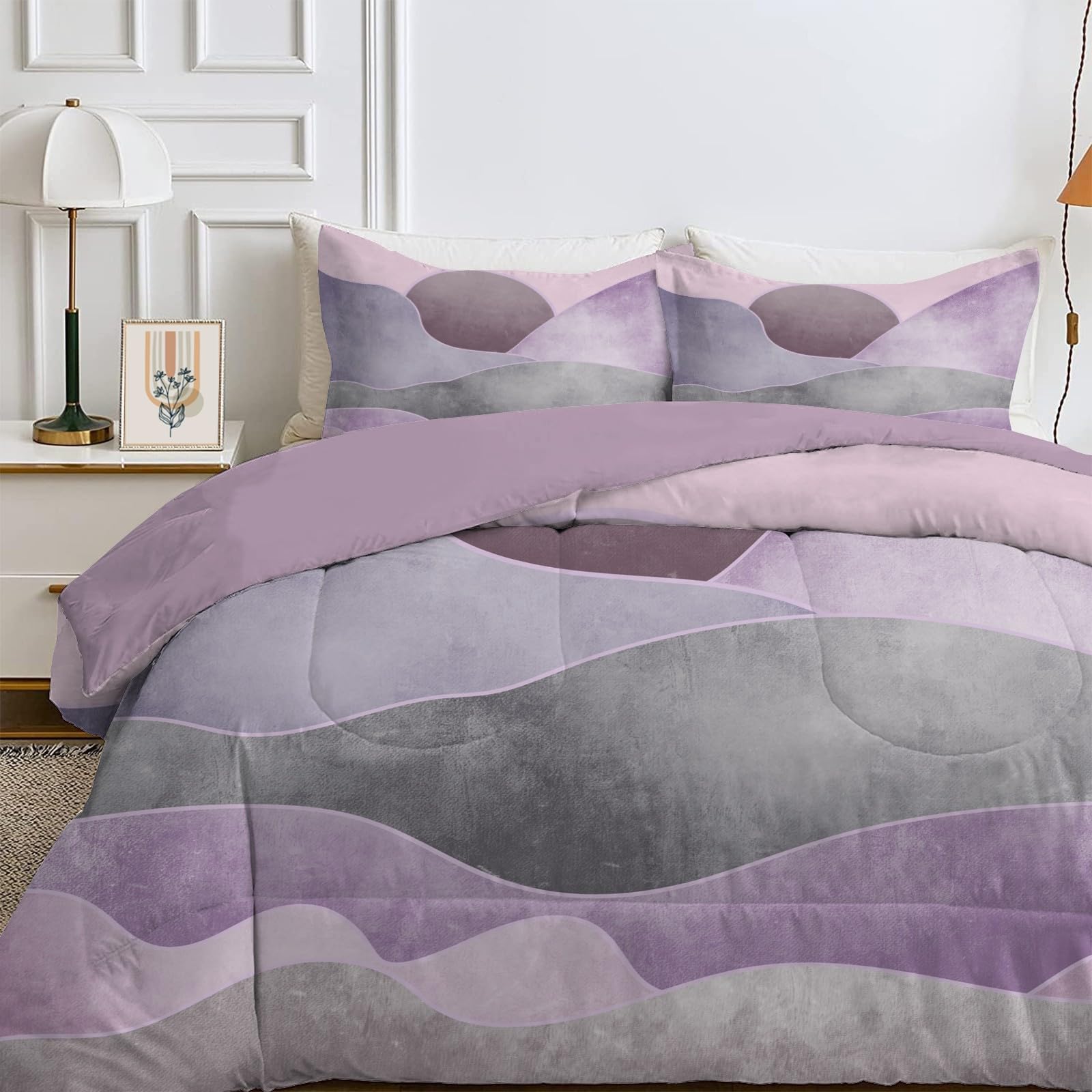 Couette 4 Saisons 240x260 cm Gris Violet, Imprimée Bohême pour Lit 2 Personnes, Réversible sans Housse, Lavable en Machine, Légère 200GSM avec 2 Taies d'Oreiller