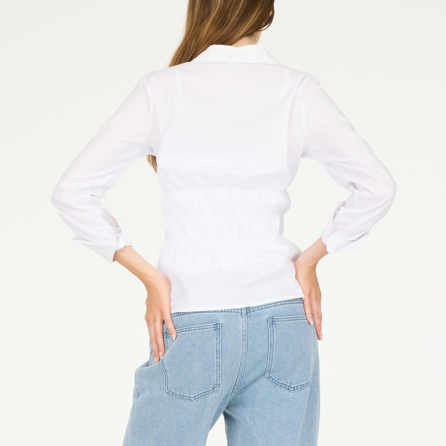 Forever 21 Women's Poplin Button-Down Long Sleeve Shirt Collared Top with Self-Tie Back - Image 3