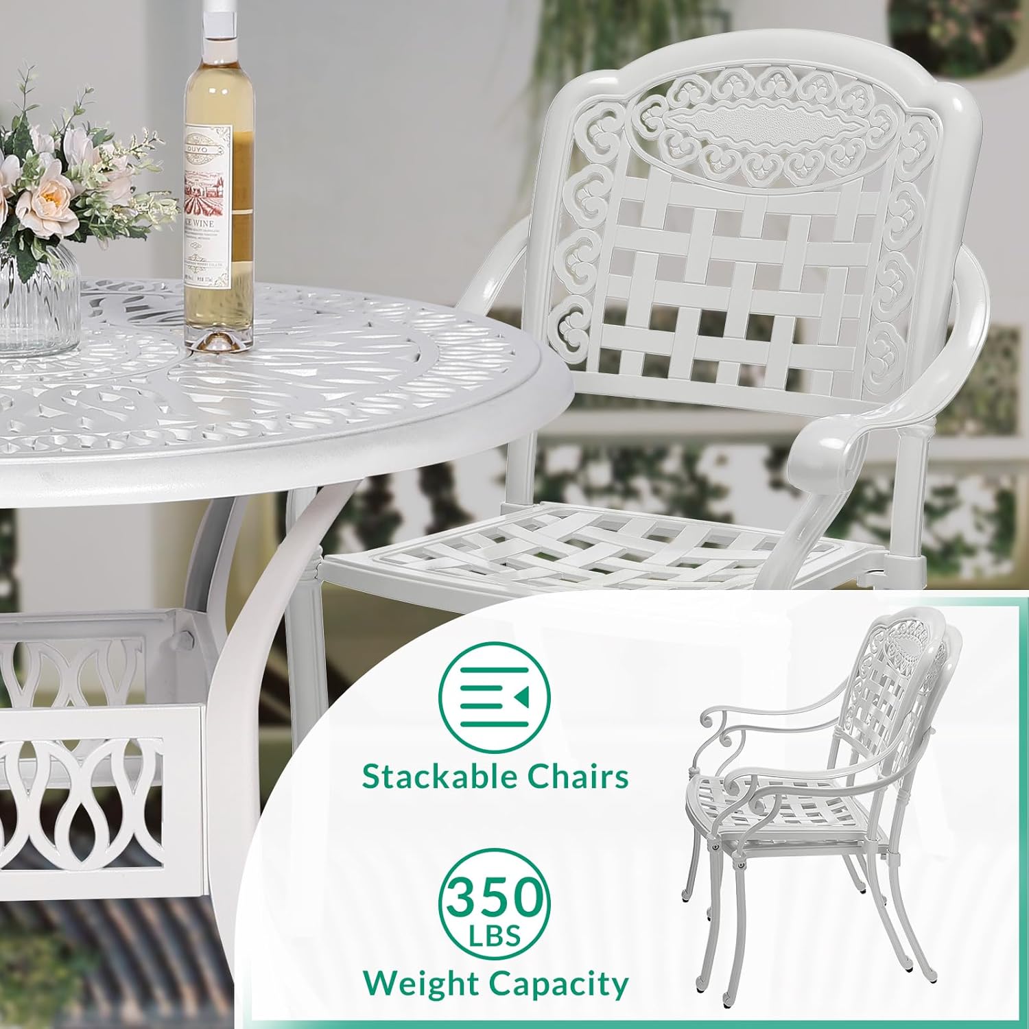 VIVIJASON 2-Piece Outdoor Cast Aluminum Chairs, Patio Armrest Dining Chairs for Garden, Poolside, Backyard, White