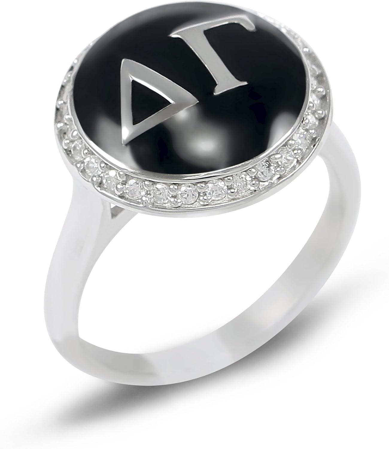The Collegiate Standard Delta Gamma Sterling Silver Ring with Black Enamel and CZs