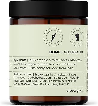 Erbology Organic Alfalfa Powder 90g - 45 Servings - Supports Bone and Gut Health - Rich in Vitamin A, Calcium and Iron - Sustainably Sourced Straight from Farm - Small Batch - Vegan - GMO-Free