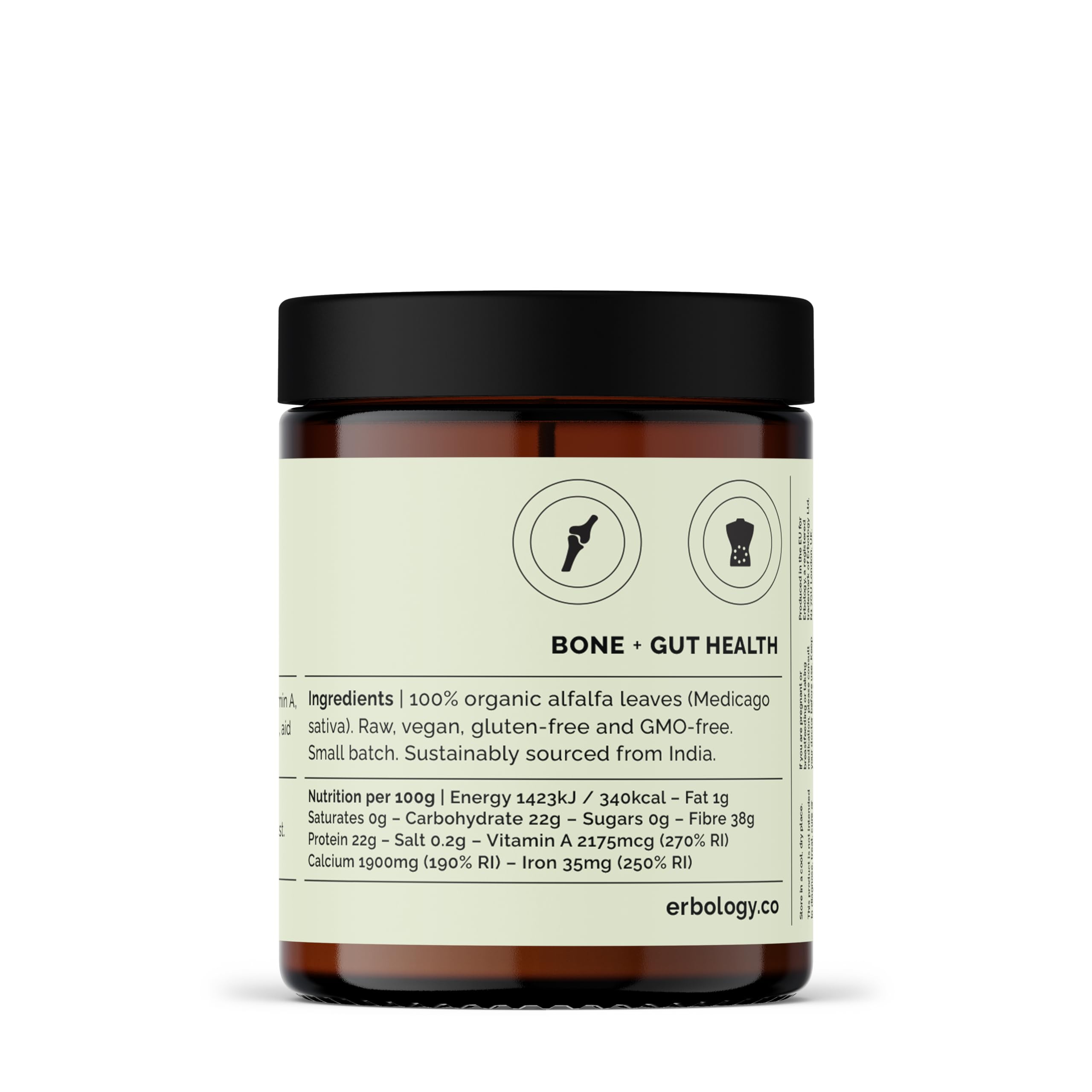 Erbology Polvo de alfalfa orgánica de 90 g, 45 porciones, apoya la salud ósea e intestinal, rico en vitamina A, calcio y hierro, de origen sostenible directamente de la granja, lote pequeño, vegano,