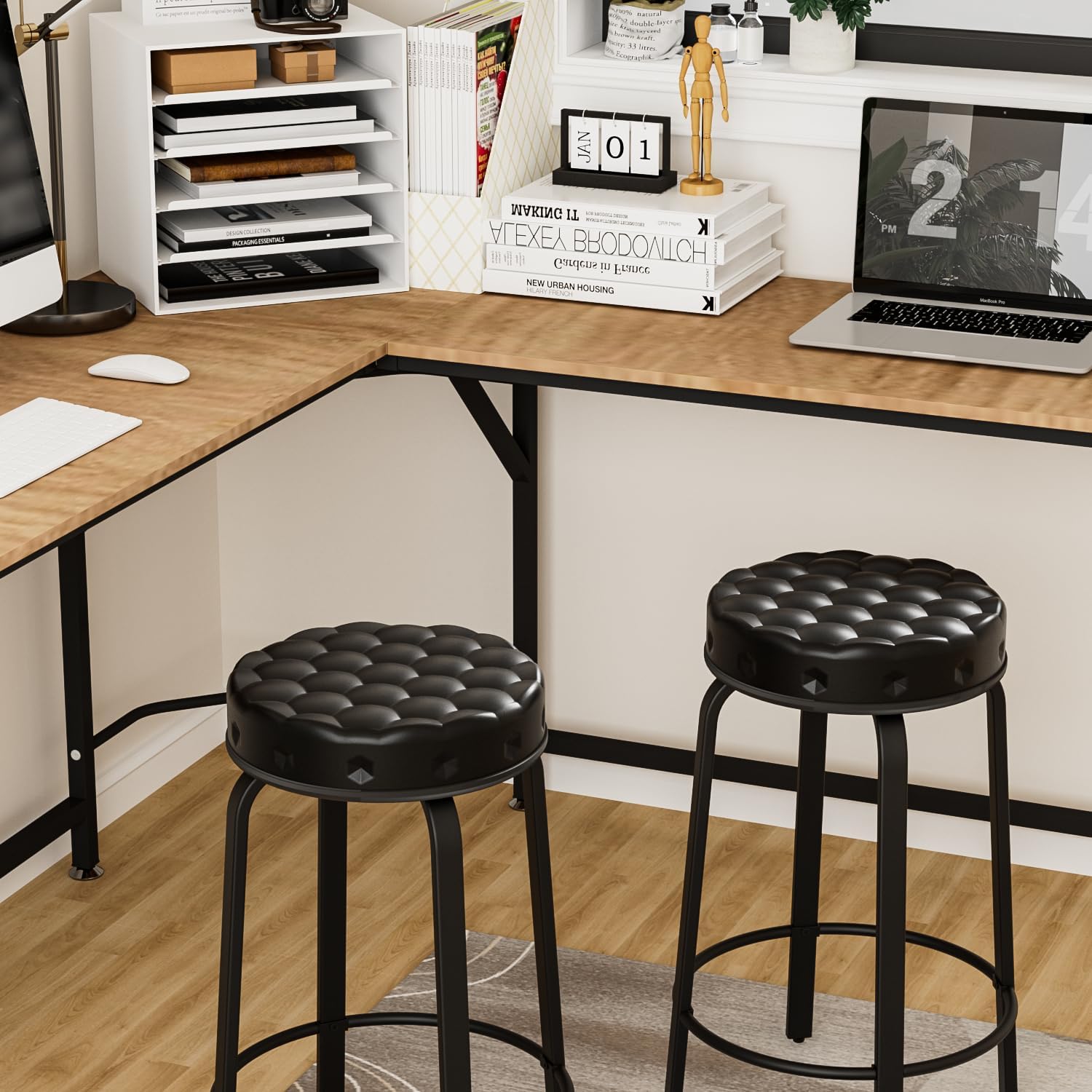 Sofeya Bar Stool Set of 2, 24 Inch Bar Stools PU Leather Counter Height Bar Stool Set, Stackable Backless Round Upholstered Stool Chairs for Kitchen Island, Dining Room and Coffee Shop, Black