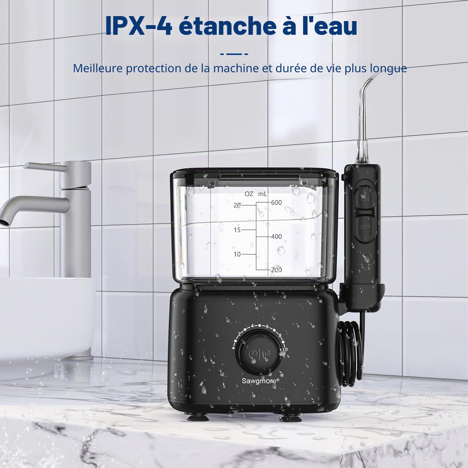 Sawgmore Hydropulseur dentaire électrique 10 niveaux de pression capacité de 600 ml irrigateur oral multifonctions 5 embouts pour la maison noir