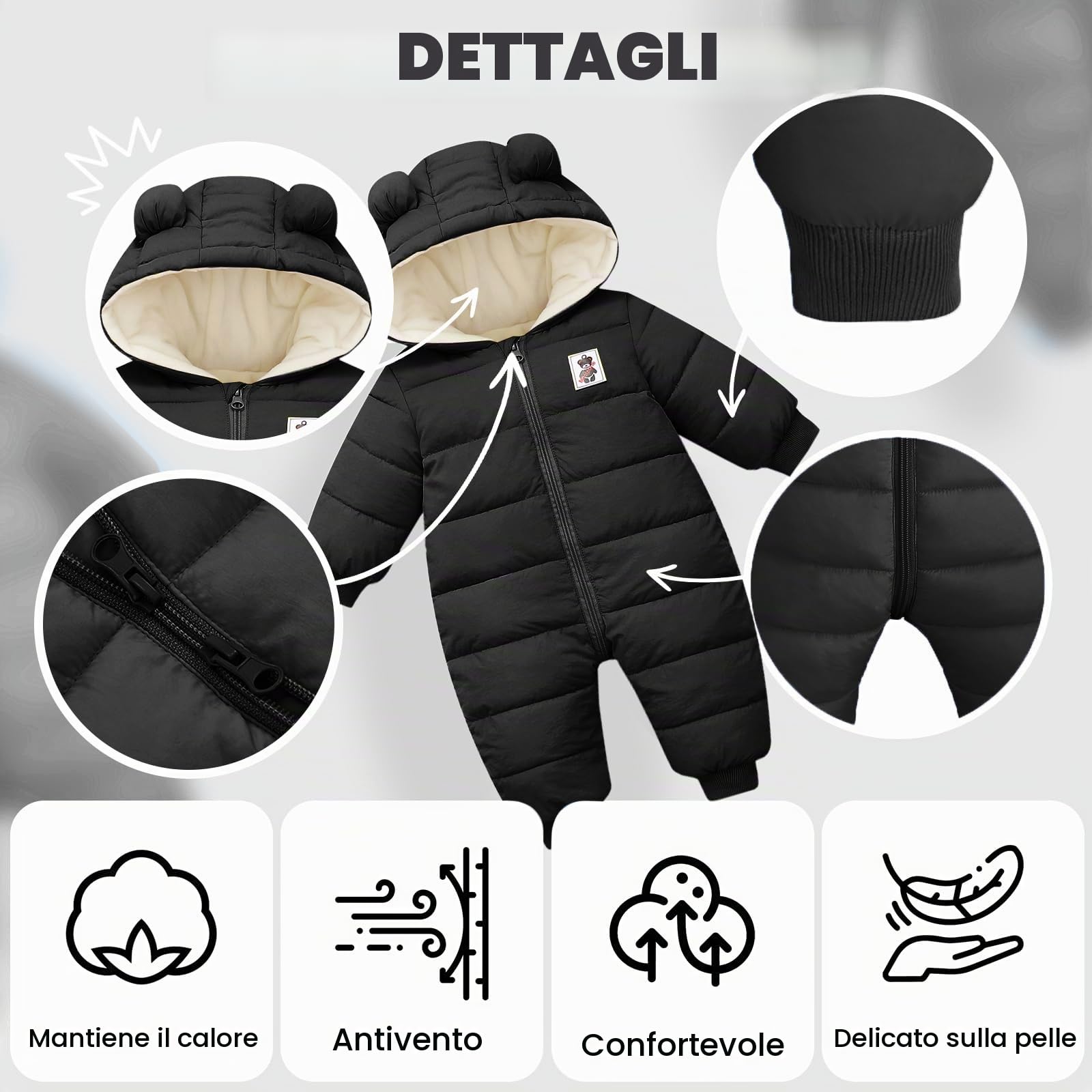 Bambini Pagliaccetto con Cappuccio Invernale, Neonato Snowsuit Ragazze Ragazzi Manica Lunga Fleece Outfits Outwear Vestiti Pigiama Regalo 6-9 mesi