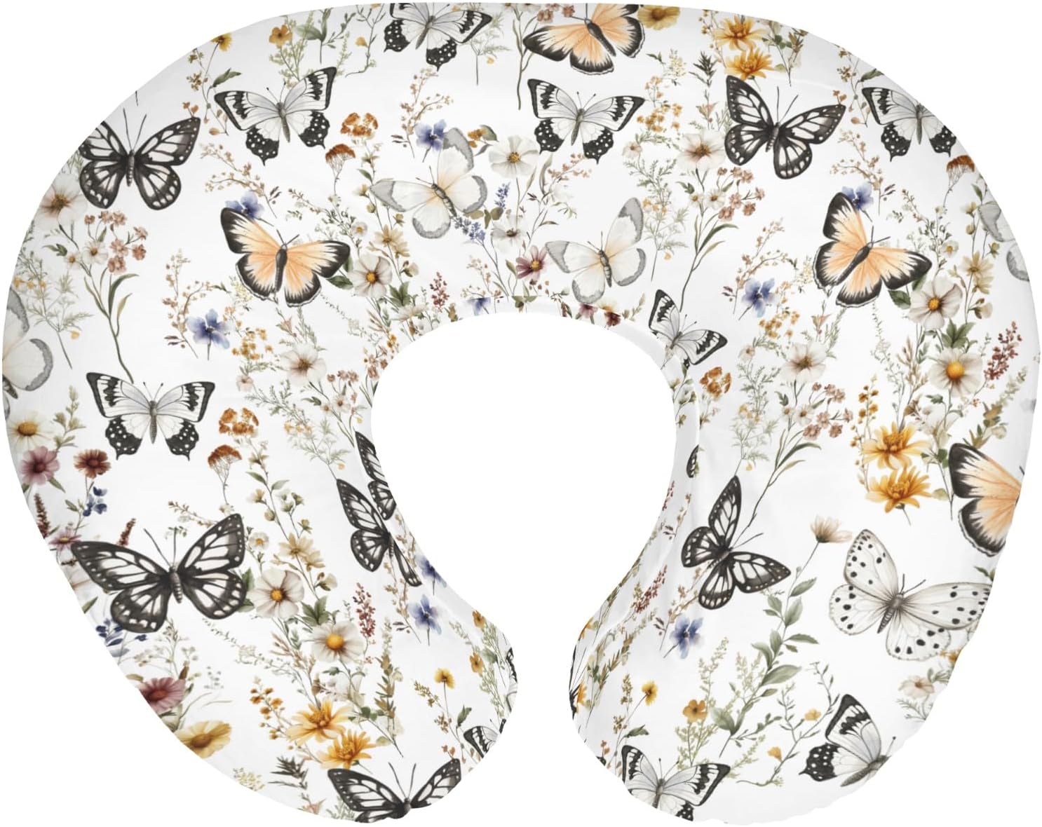 Boho Floral Butterflies Nursing Pillow Covers for Boy Girl Vintage Wildflowers Leaves Nursery Feeding Pillowcase for Breastfeeding Pillows Retro Spring Summer Soft Stretchy Cover for Newborn Infant