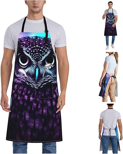 Miniatura 7 de Delantal ajustable con 2 bolsillos, delantales de búho morado, delantal impermeable para lavavajillas, para mujeres y hombres, delantales de cocina