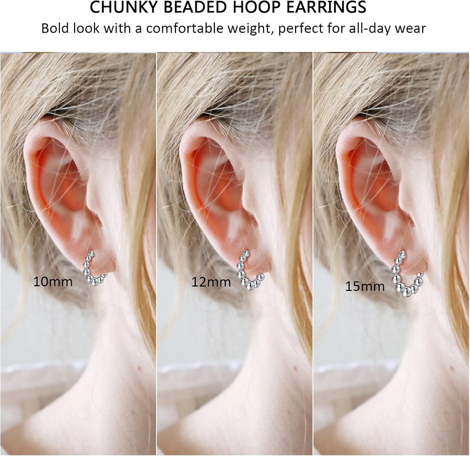 Nupdot Gold Chunky Hoop Earrings for Women | Thick 925 Sterling Silver Post Beaded Ball Huggies Earrings Lightweight Hypoallergenic Hoops Jewelry Gifts, 10/12/15mm - Image 3