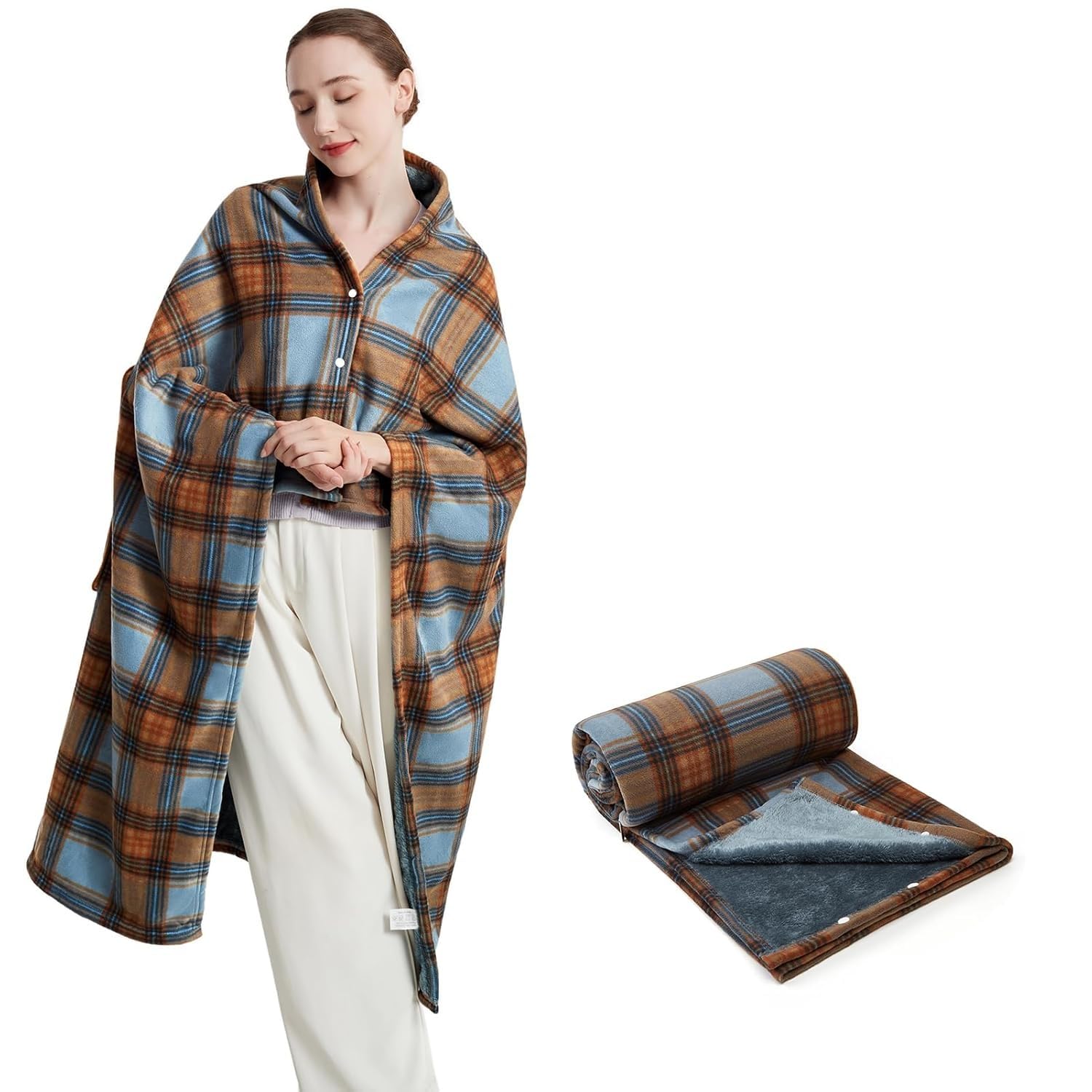 FURN ASPIRE Multi-Wear Soft Stylish Lightweight Double Layered Warm Wearable Flannel Shawl/Blanket Comfy Poncho with Buttons Winter Cape for Office Home Travel Outdoors-picture-35