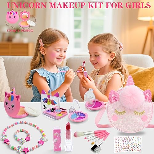 Miniatura 6 de Kit de maquillaje real para niñas, juego de maquillaje con bolsa de cosméticos de unicornio, no tóxico, lavable, perfecto cumpleaños, para niños
