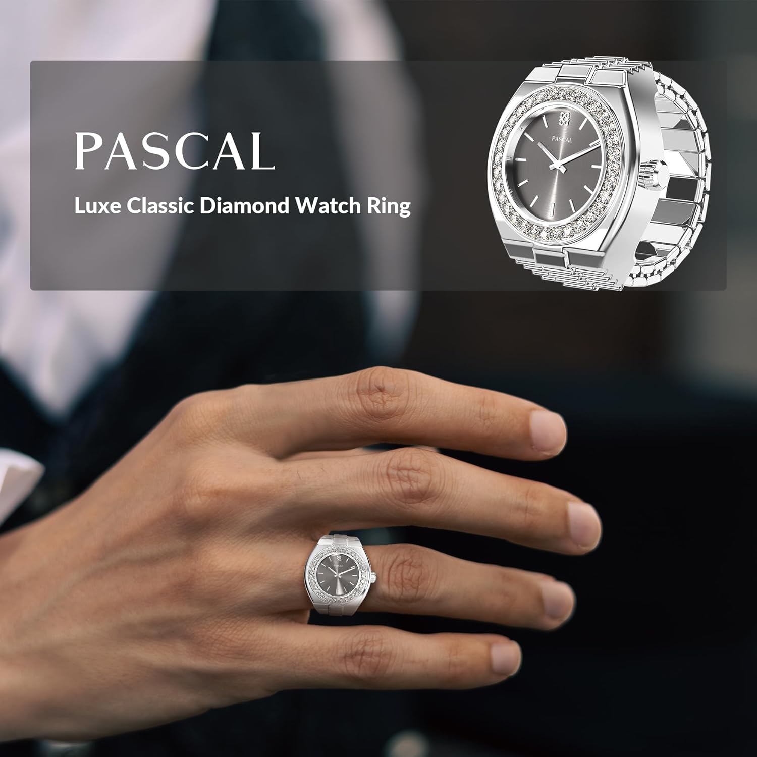 PASCAL Luxe Classic Watch Ring – Sun-Brushed Dial, Lab-Grown Diamonds, Stainless Steel, Sapphire Crystal, Quartz Movement – Fits US Sizes 6–10 Silver image 3 of 6 B0F157K3B4