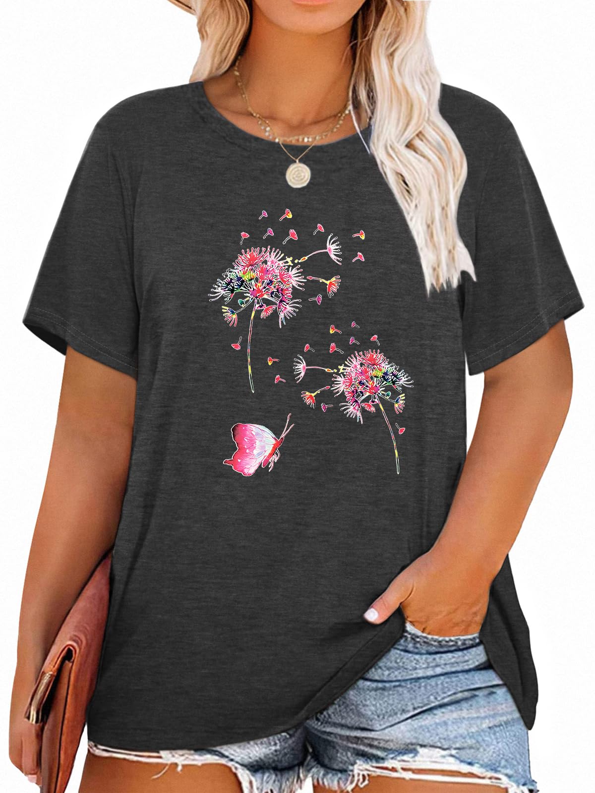 Womens Plus Size Dandelion Print Tshirt Cute Graphic Floral Tees Short Sleeve Summer Blessed Tee Tops