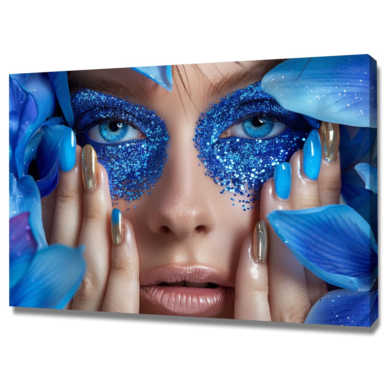 TERUEA Canvas Wall Art Abstract Woman with Blue Glitter Makeup and Flower Petals Portrait Picture Prints for Girls Room Bedroom Wall Decor(Blue)-20x30cm Framed