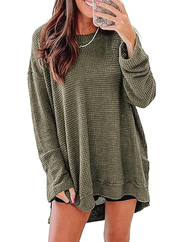 Long Sleeve Shirts For Women Oversized Sweatshirt Crewneck Waffle Knit